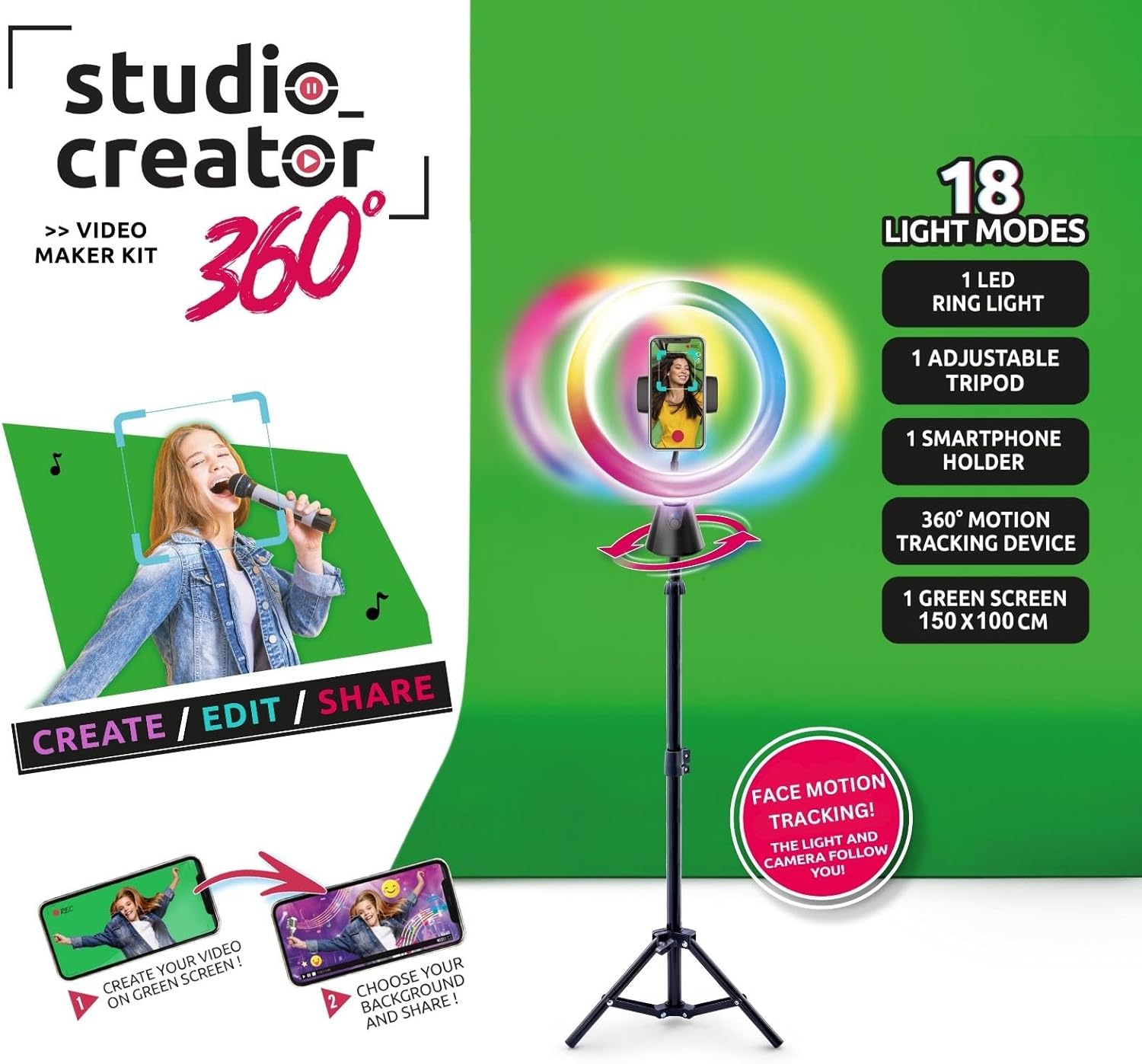 Studio Creator 360 Video Maker Kit - Motion Tracking LED Ring Light with Green Screen 6