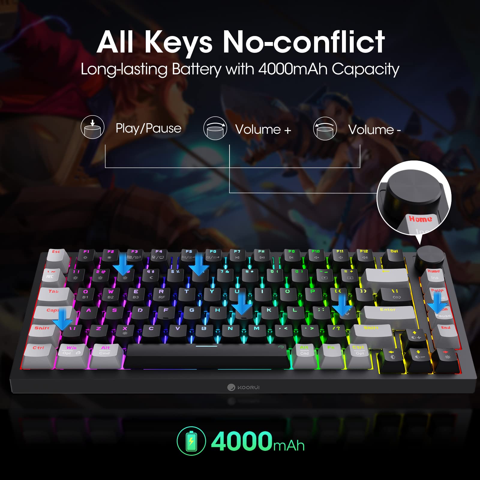 KOORUI MK082 82-Key Mechanical Gaming Keyboard - Wireless/Wired RGB Backlit with Brown Switch 10