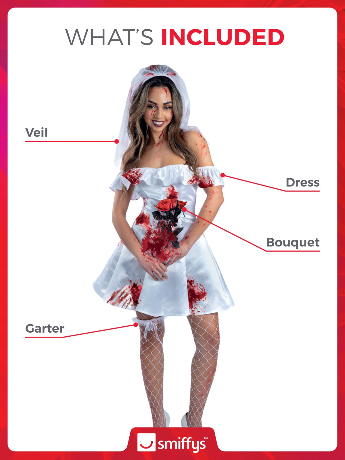 Smiffys Fever Bloody Bride Costume - Adult Fancy Dress, Size 16-18