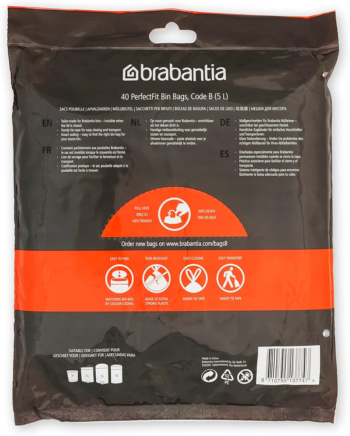 Brabantia - PerfectFit Bin Liners (Size B/5 Litre) Thick Plastic Trash Bags with Tie-Tape