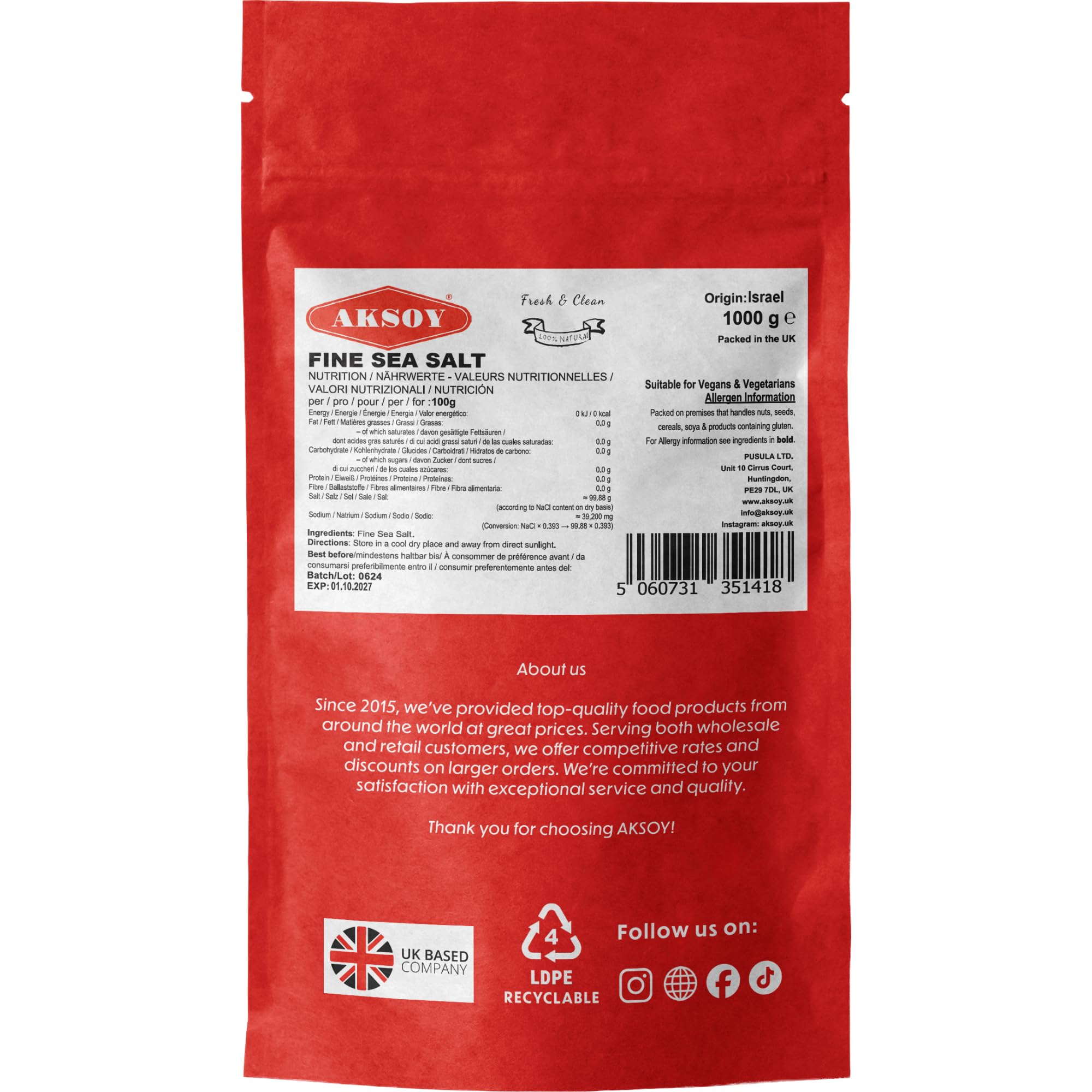 AKSOY Fine Sea Salt - 1KG Pack, Fine Grain, Natural & Unrefined 2