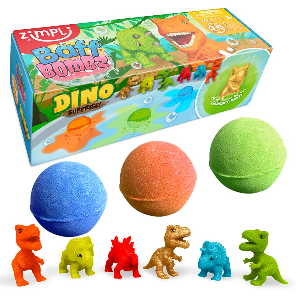 ZIMPLI 3 Pack Dino Surprise Bath Bombs with Hidden Dinosaur Toy | Fruity Scent | Ages 3+