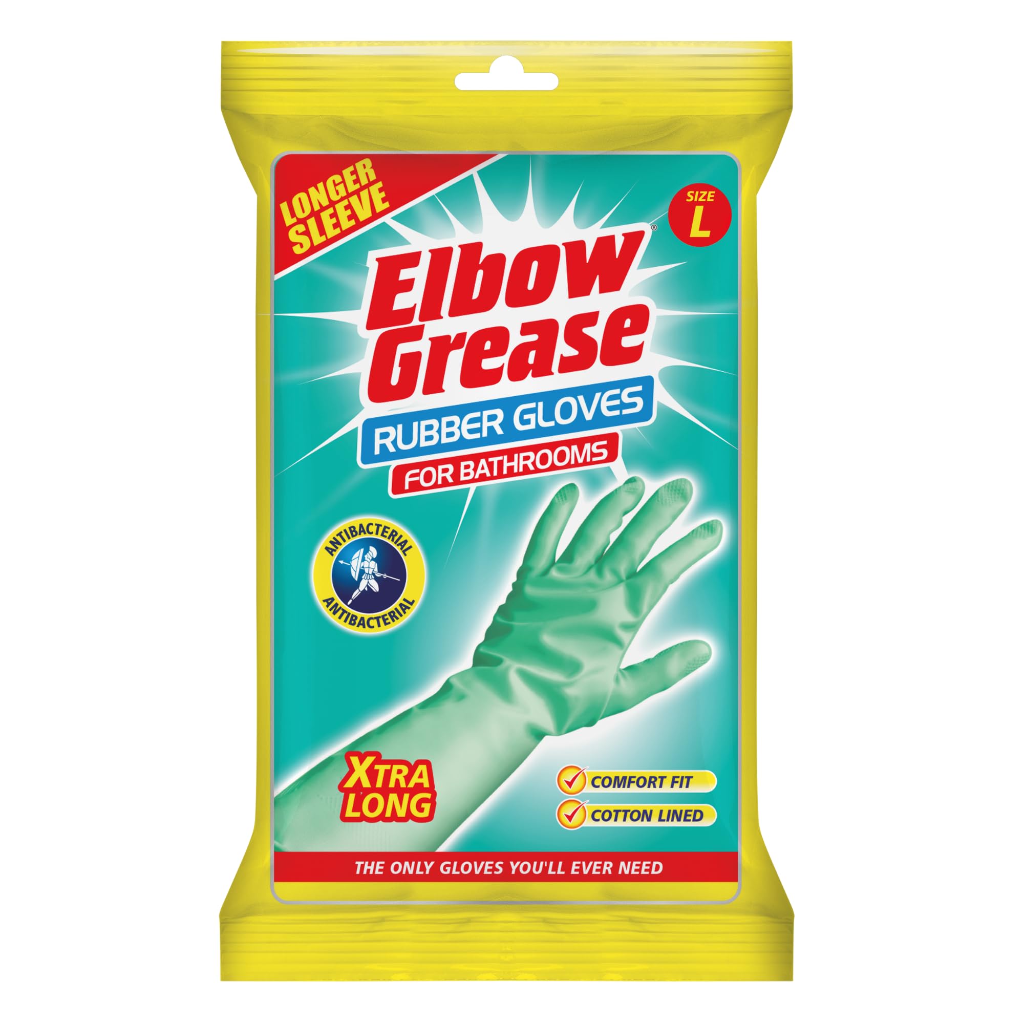Elbow Grease Rubber Cleaning Gloves - Cotton Lined, Elbow Length, Antibacterial | Size L