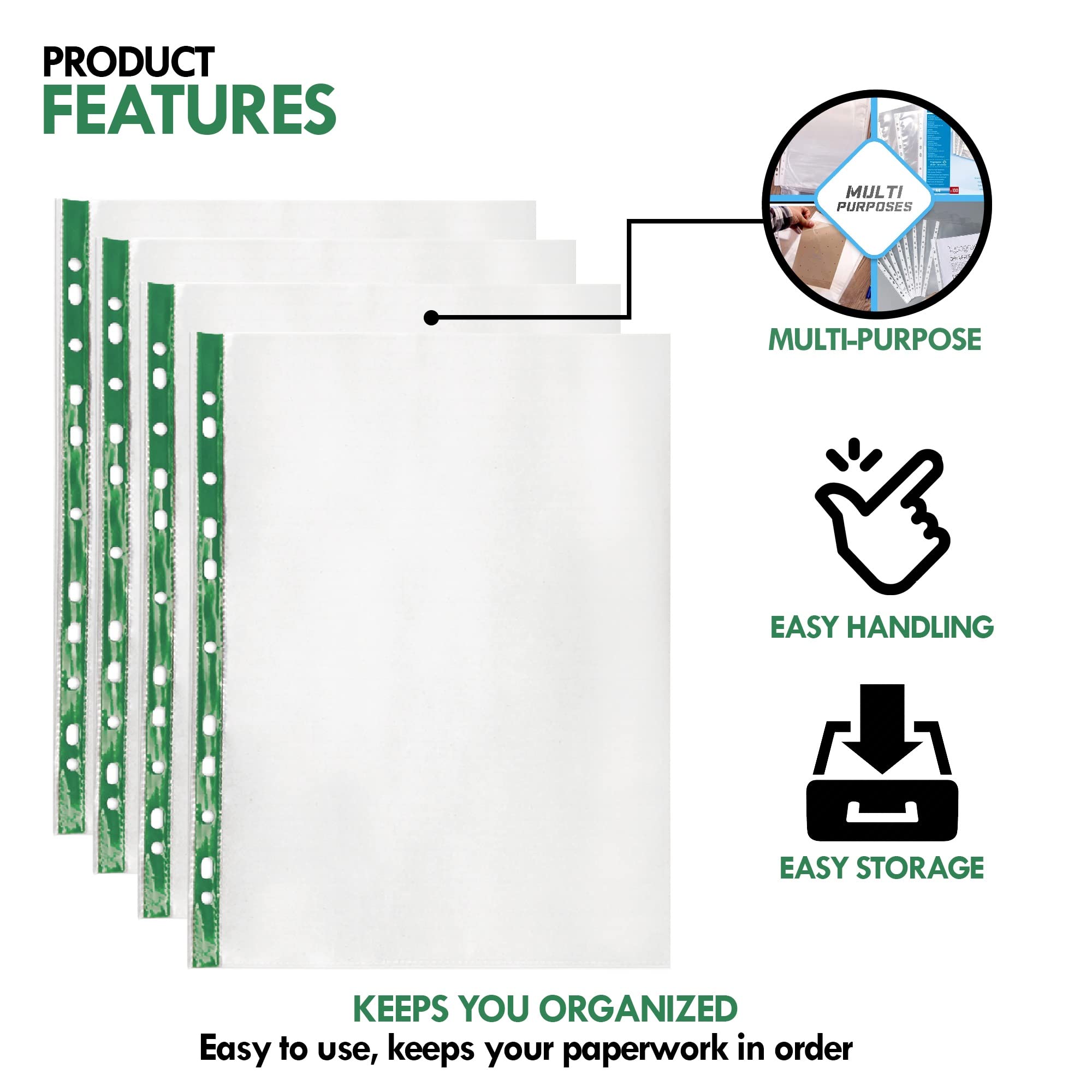 G4GADGET A4 Plastic Punched Pockets - 200 Pack Value | 10-15 Sheet Capacity | 30 Micron Clear PP 5