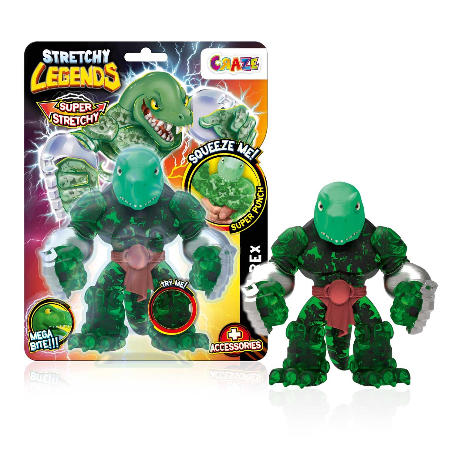 STRETCHY LEGENDS Megarex Stretchy Action Figure – Neon Slime Filled Dinosaur with Movable Jaw & 3 Accessories 6