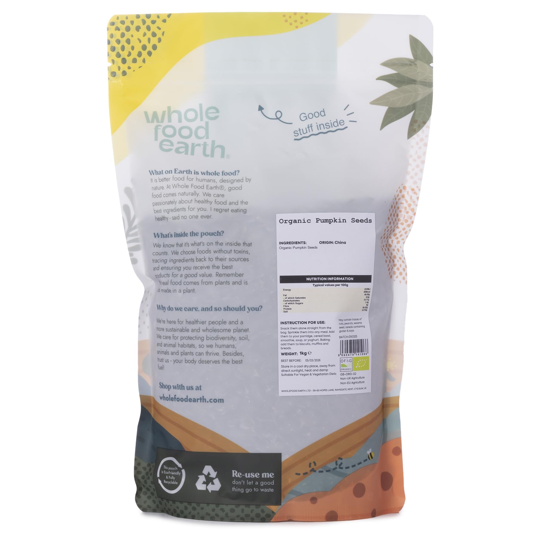 Wholefood Earth Organic Pumpkin Seeds - 1kg | High Fibre | High Protein | Raw