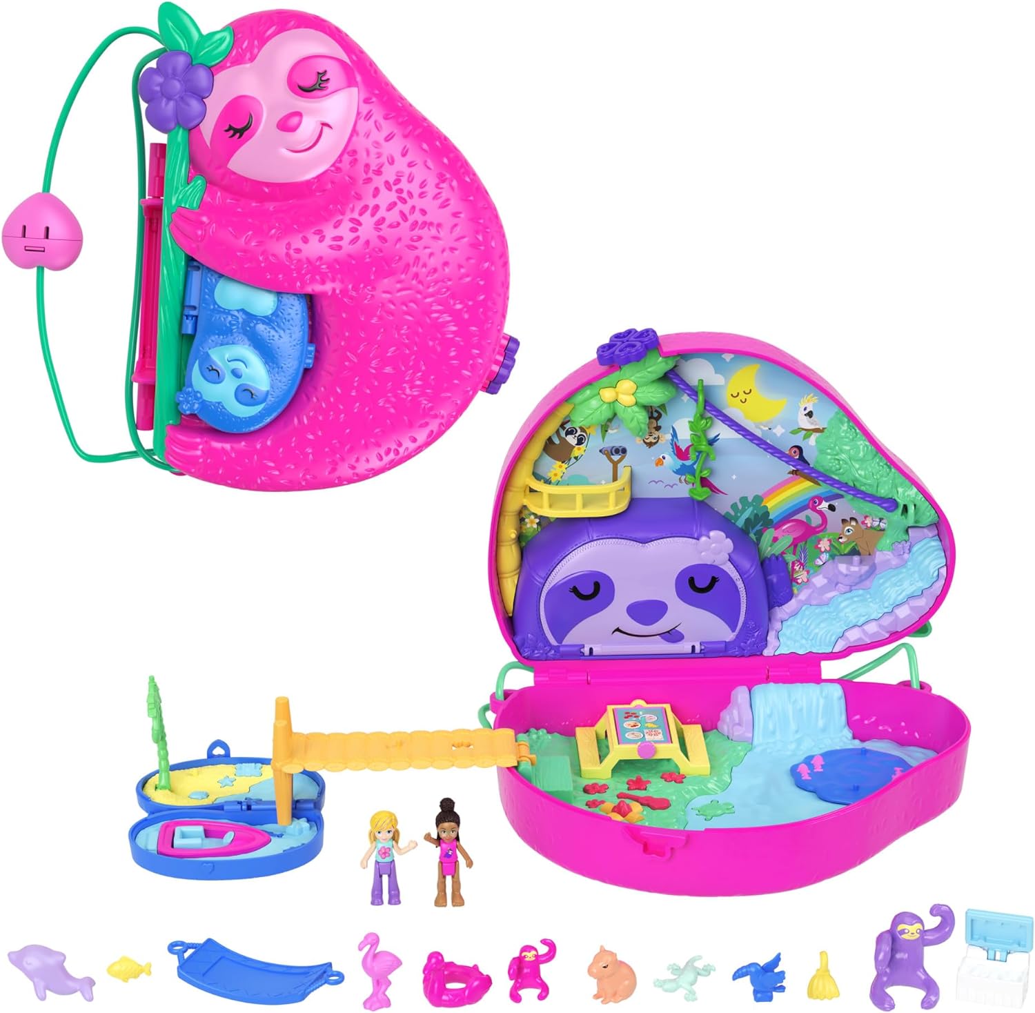 Polly Pocket Sloth Family 2-in-1 Purse Compact Playset with 2 Micro Dolls & 12 Accessories