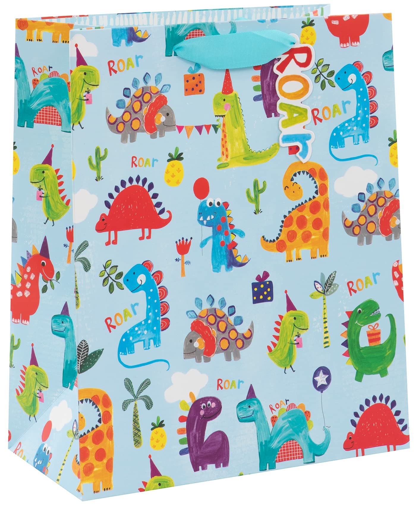 Glick Dinosaur Roar Luxury Gift Bag - Large Celebration Bag for Birthdays | Blue | 315x260x135mm