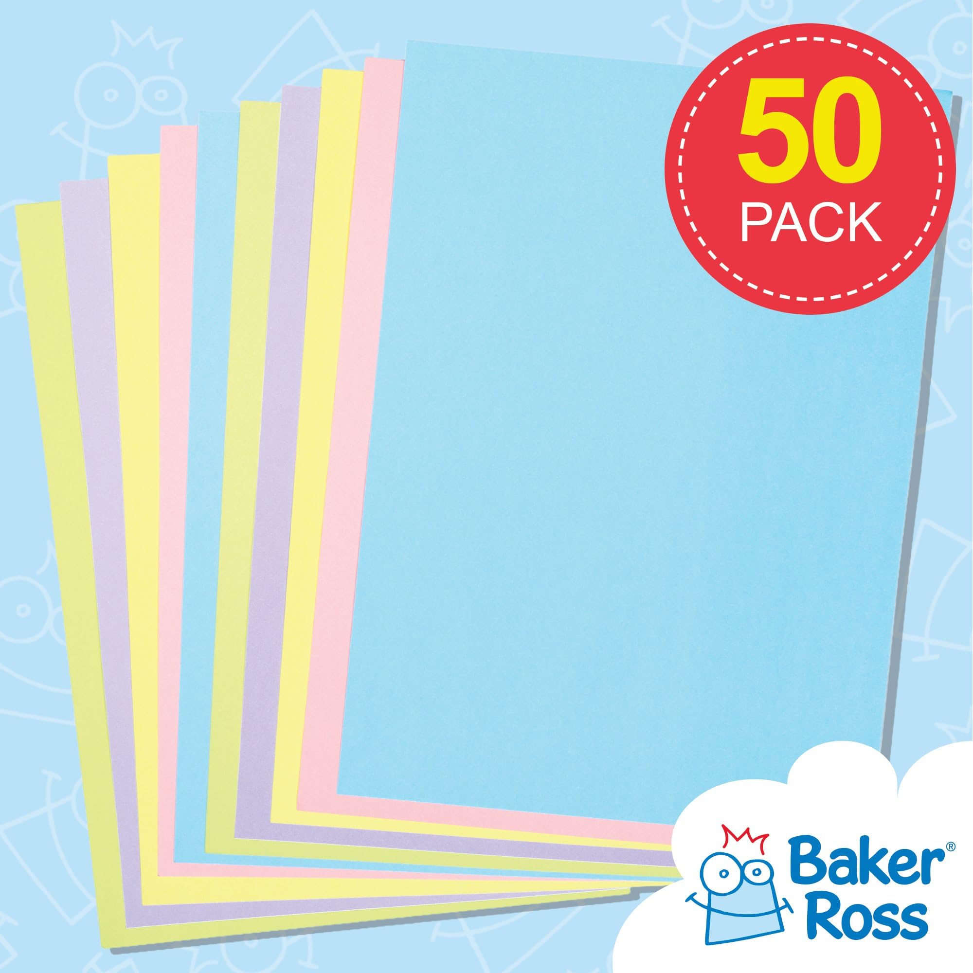 Baker Ross A4 Pastel Coloured Card - 50 Sheets, 220 gsm for Crafts and Decoration