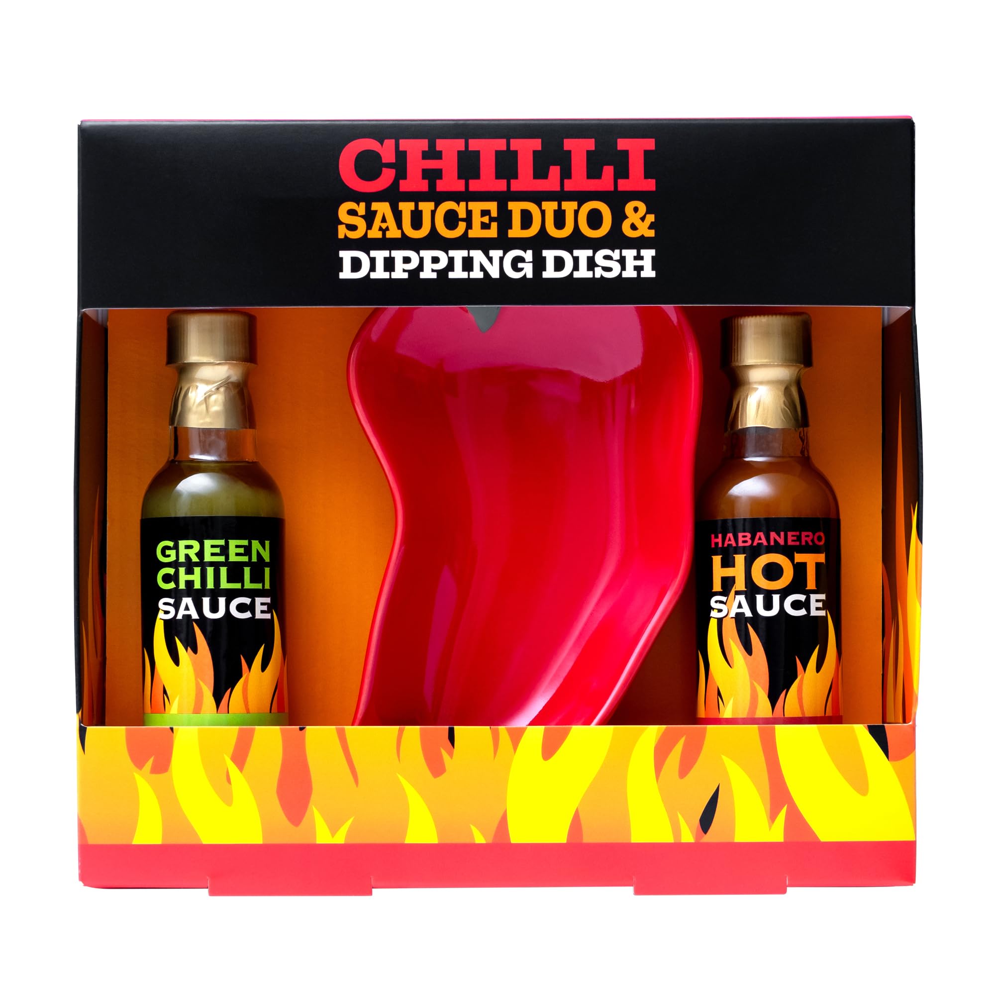 Hot Sauce Gift Set - Mild Green Chilli & Habanero Sauce Duo with Chilli Shaped Dipping Dish 16