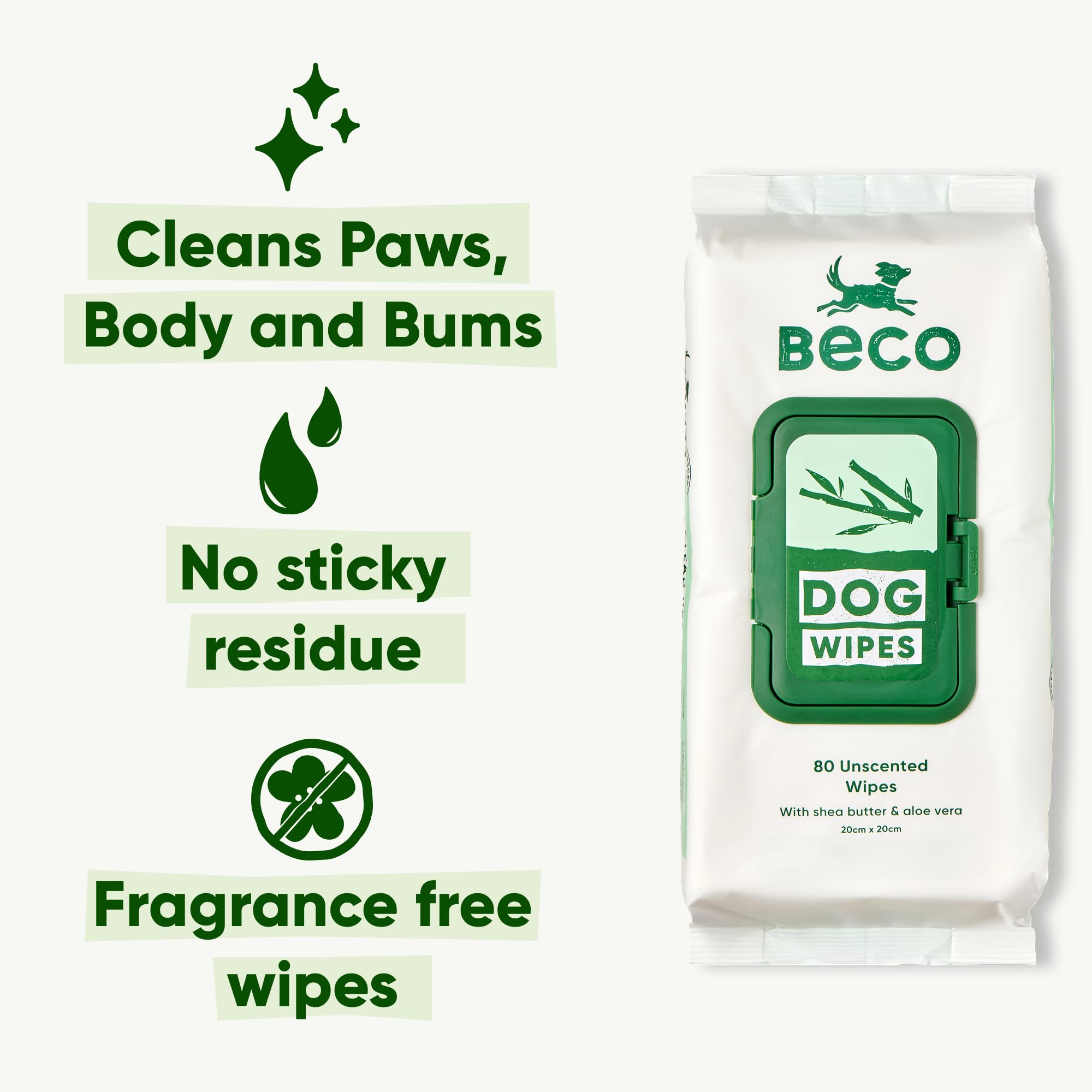 Beco Unscented Dog Wipes - 80 Count Pack | Hypoallergenic | Bamboo Material