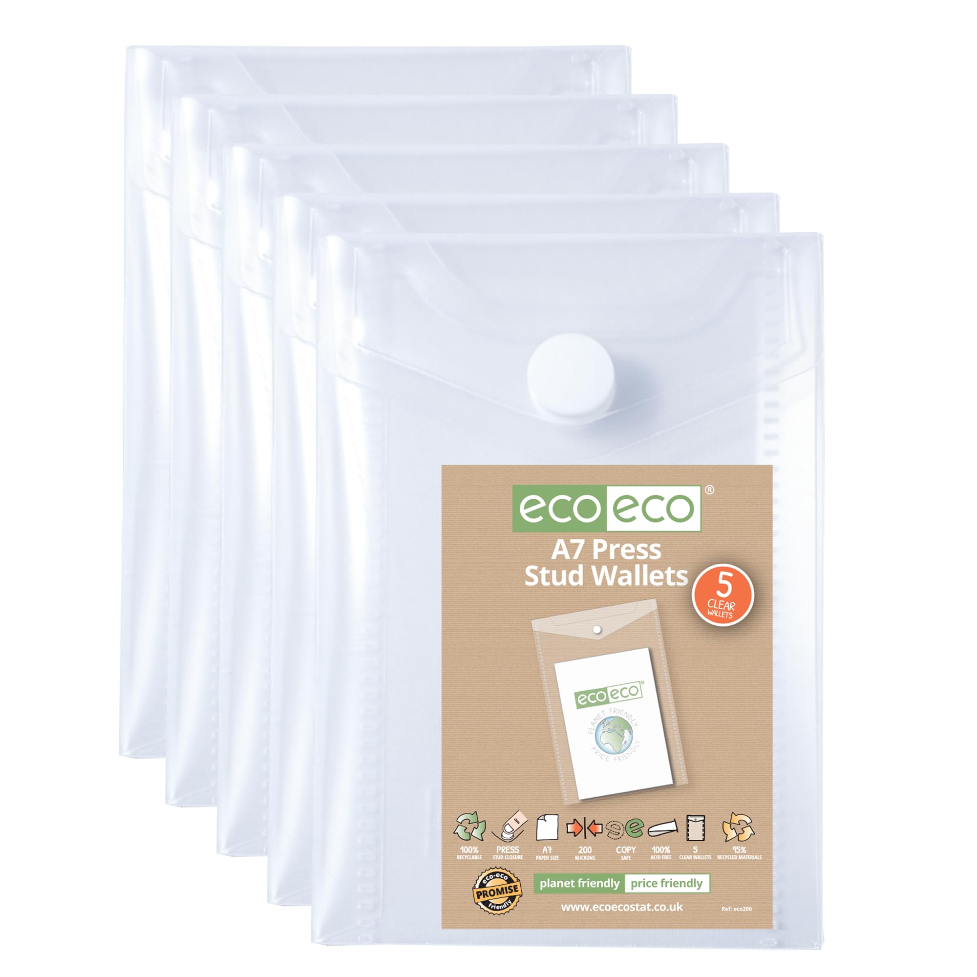 eco-eco Mini Filing Wallets - 95% Recycled Plastic | Portrait | Press Stud Closure | Pack of 5