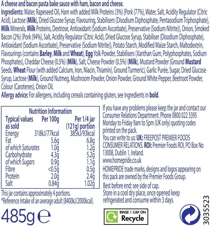 Homepride Cheese & Bacon Pasta Bake Sauce - Creamy Oven Bake Ready | 485g Jar