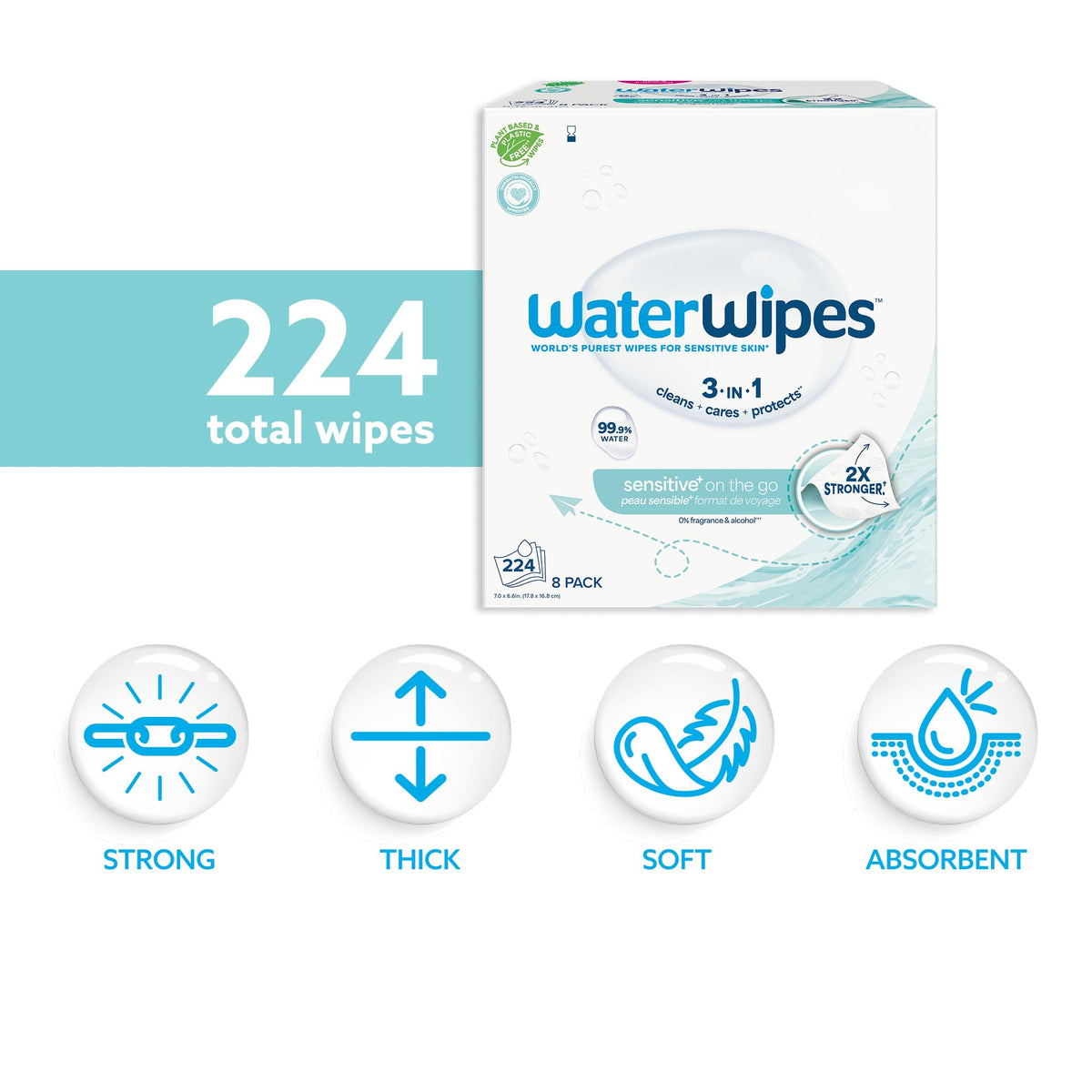 WaterWipes Sensitive+ On The Go Wipes - 224 Count (8 Packs) | 3-In-1 Cleansing | Unscented
