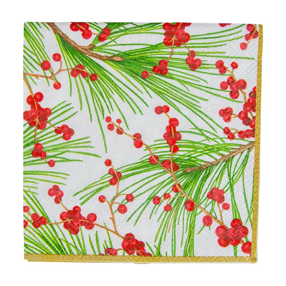 Caspari Berries and Pine Triple-Ply Paper Cocktail Napkins - 20 Per Package 11