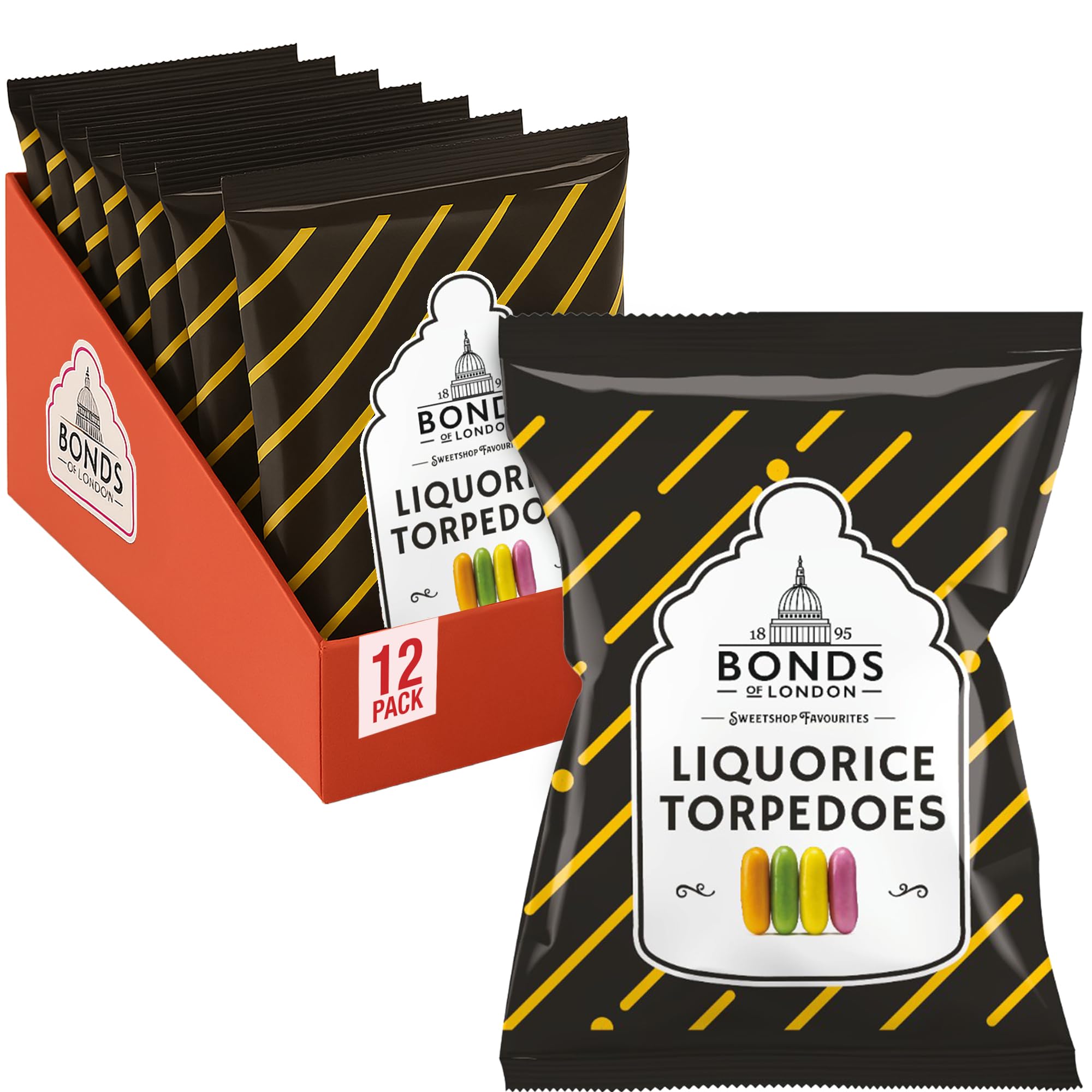 Bonds of London Liquorice Torpedoes - Vegetarian Friendly, Classic Liquorice Centre | Pack of 12 x 120g Bags