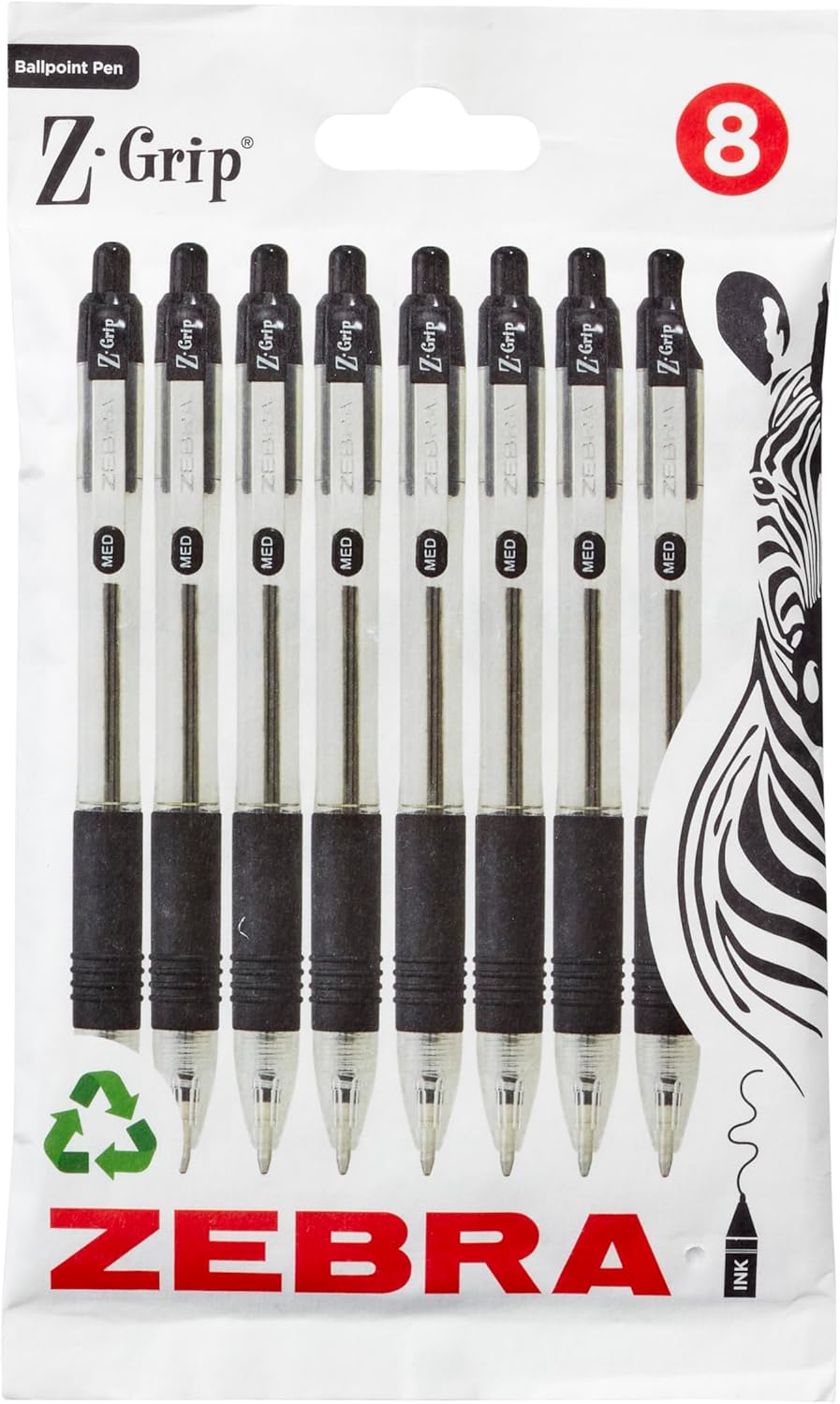 Zebra Pen Z Grip Black Ballpoint Pens with Pocket Clip 8pk, Retractable Black In 1