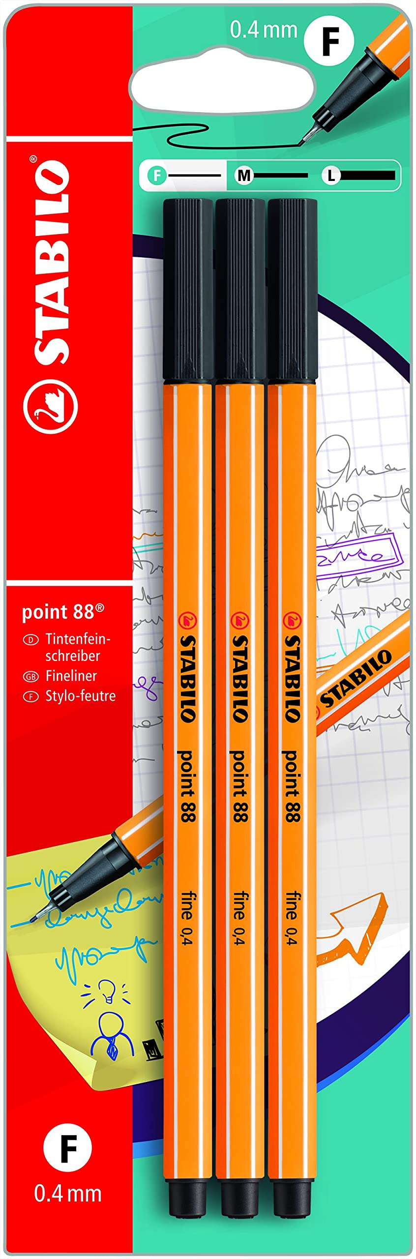 STABILO point 88 Fineliner - 0.4mm Line Width, Black Ink | Pack of 3