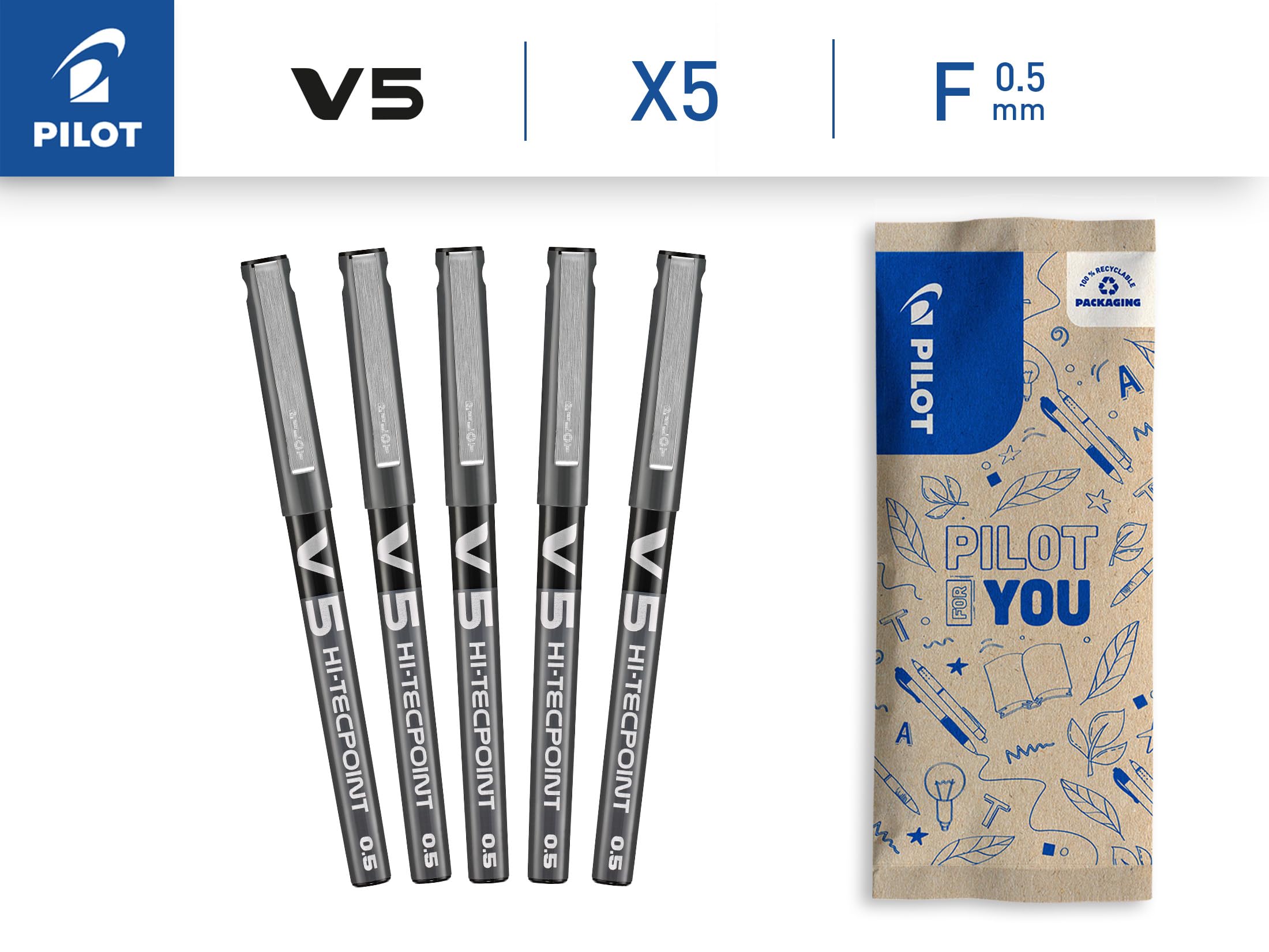 PILOT V5 Hi-Tecpoint Liquid Ink Rollerball Pen - Fine 0.5mm Tip | Pack of 5 Black Pens 2