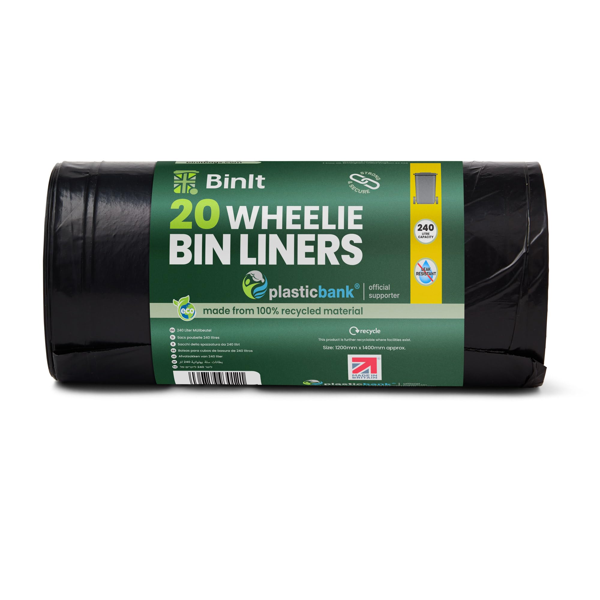 BIN IT Wheelie Bin Liners - 240 Litre Capacity, 20 Count, Black, 100% Recycled LDPE 1