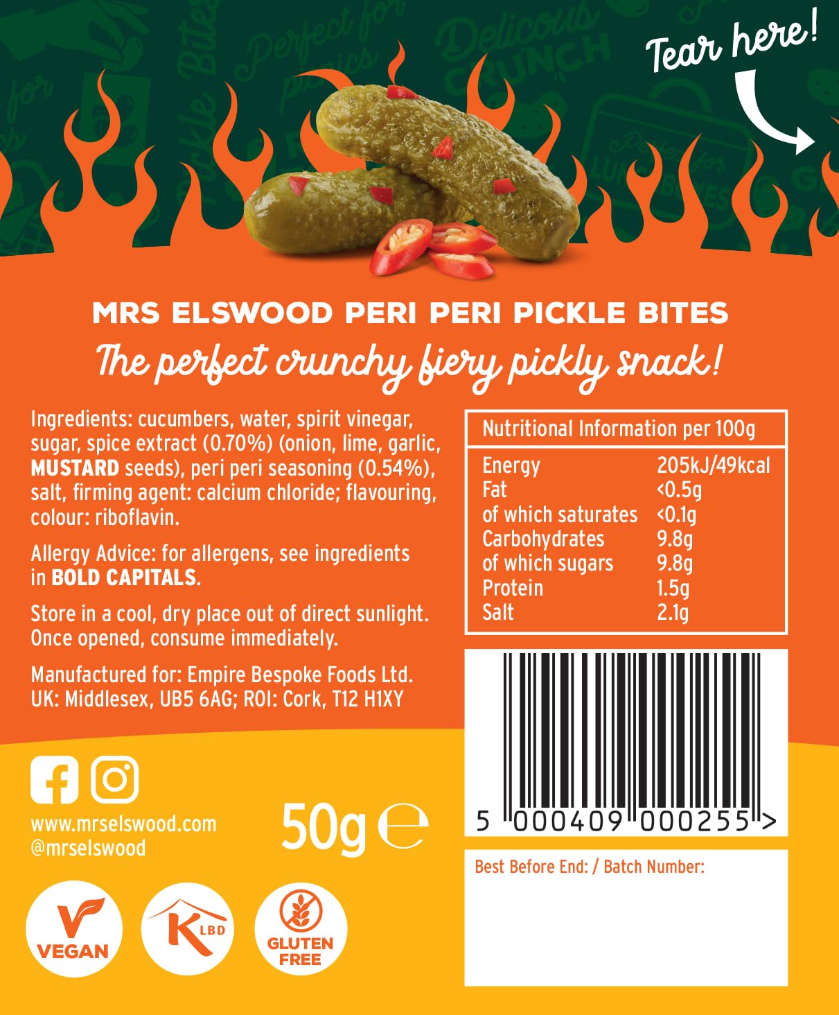 Mrs Elswood Peri Peri Pickle Bites Crunchy Fiery Hot Pickled Cucumbers 50g Pouch