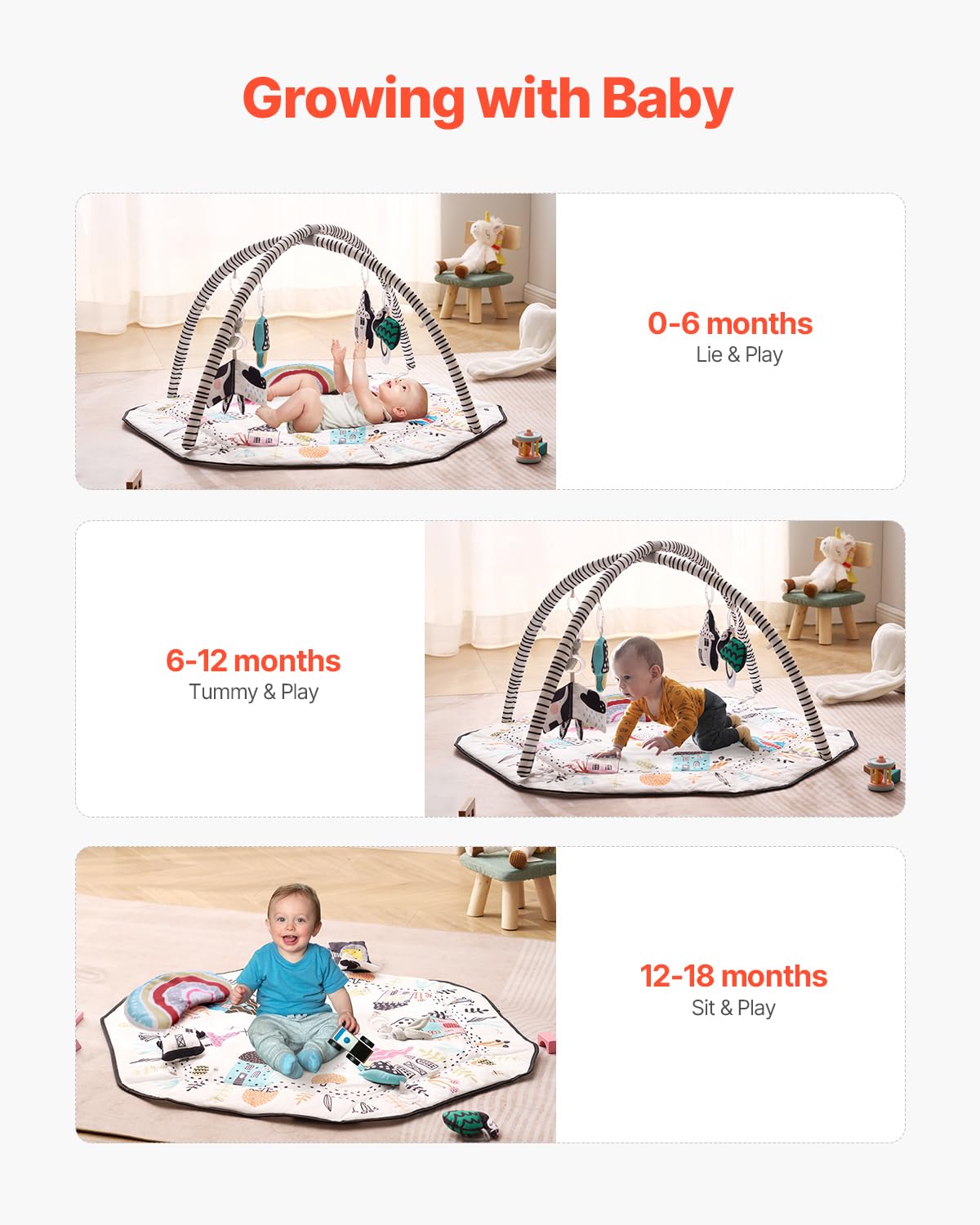 VEVOR Baby Play Gym Mat with 6 Detachable Sensory Toys, 41.7" x 41.7" Tummy Time Mat 8