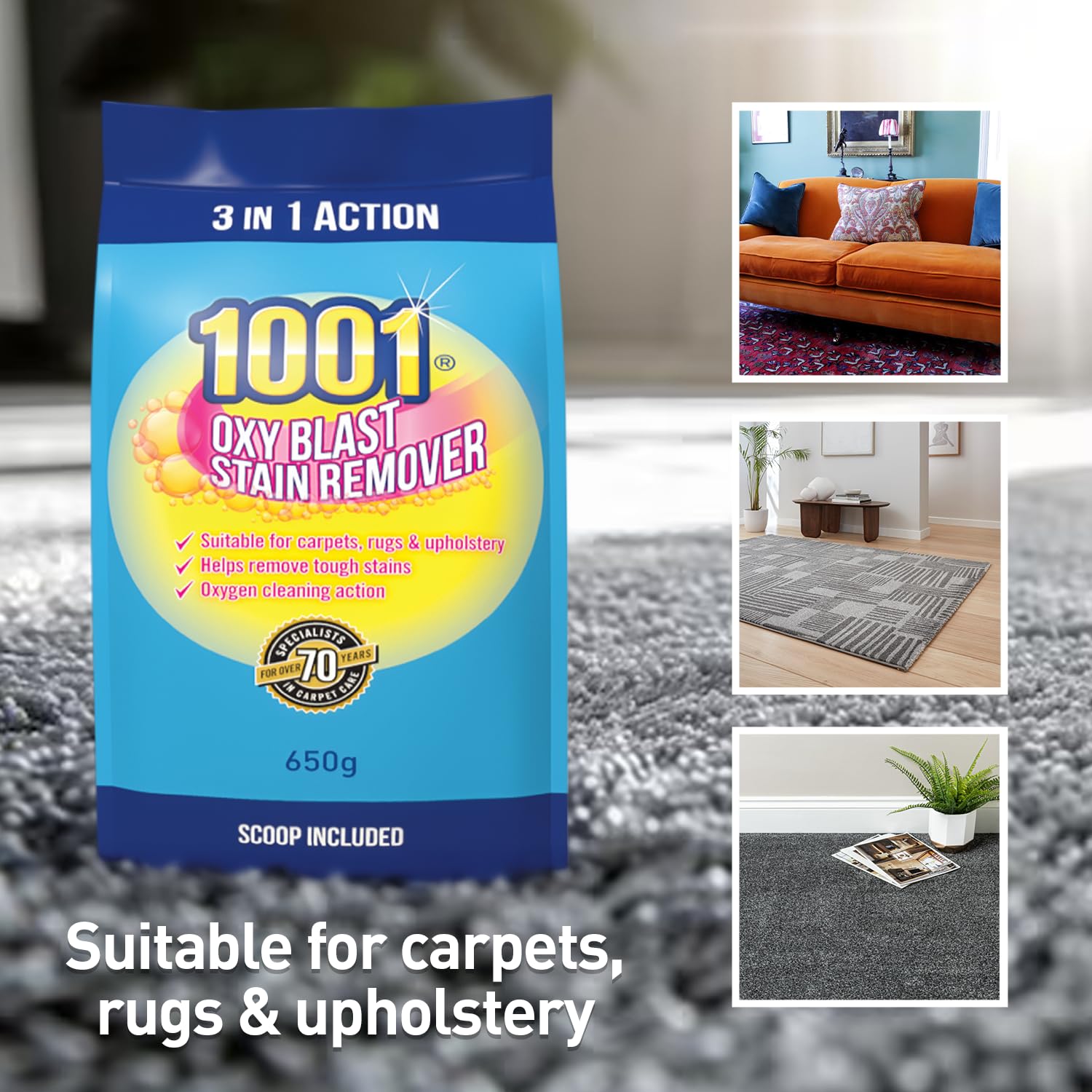 1001 Oxyblast 3-in-1 Carpet Stain Remover Powder - Oxygen Cleaning Action | 650g Pack 5