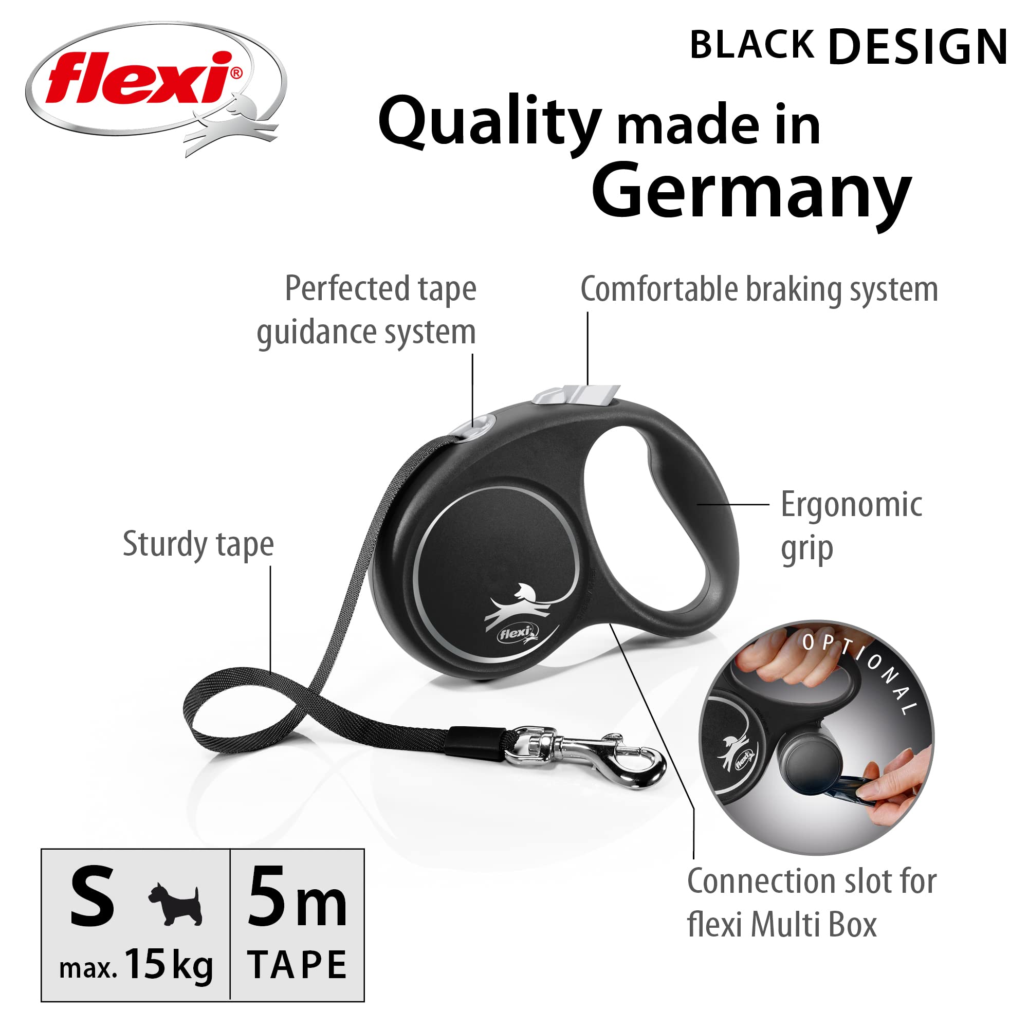 flexi Black Design Retractable Dog Leash - Tape Lead | Small Size | 5m Length | Black