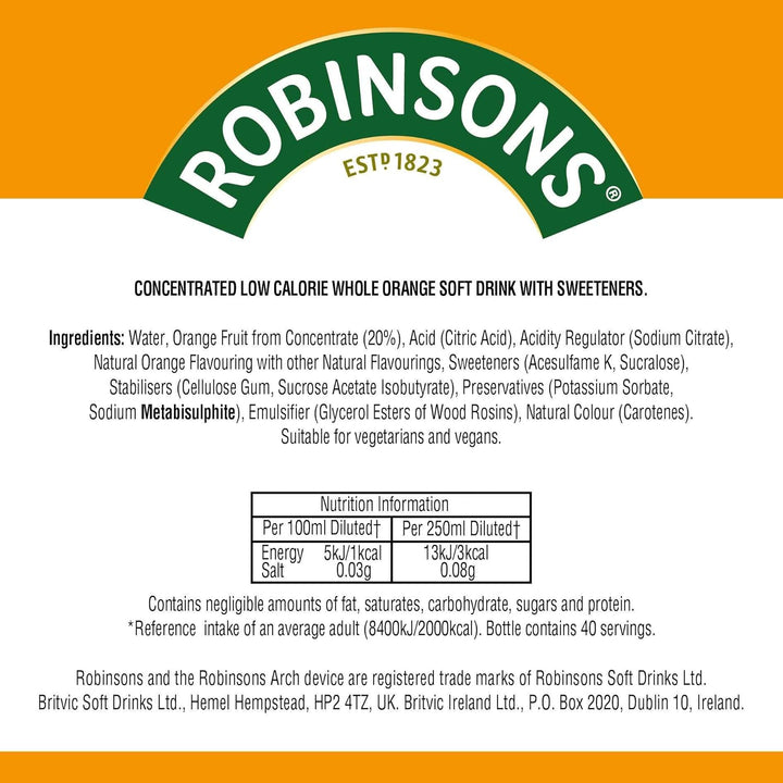 Robinsons Double Strength Orange No Added Sugar Squash 1.75L