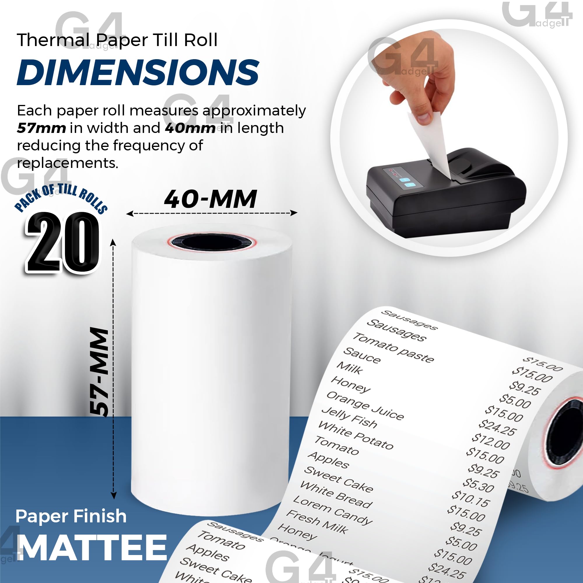 G4GADGET Thermal Paper Till Rolls - 20 Rolls, 57mm x 40m for Cash Registers & Credit Card Machines
