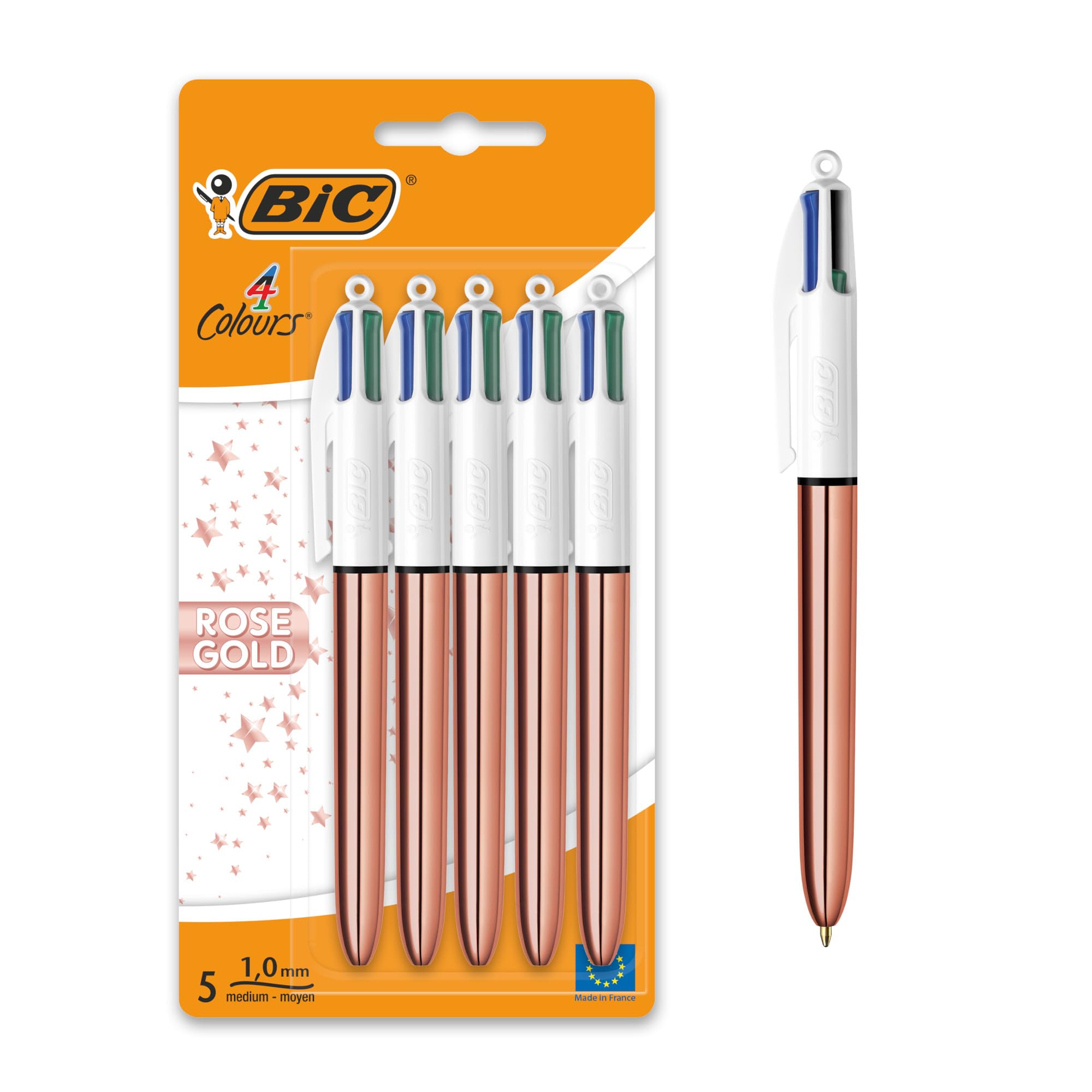 BIC 4 Colours Rose Gold Pen - Pack of 5 Multi-Colour Ballpoint Pens | 1.0mm Tip | Retractable 1