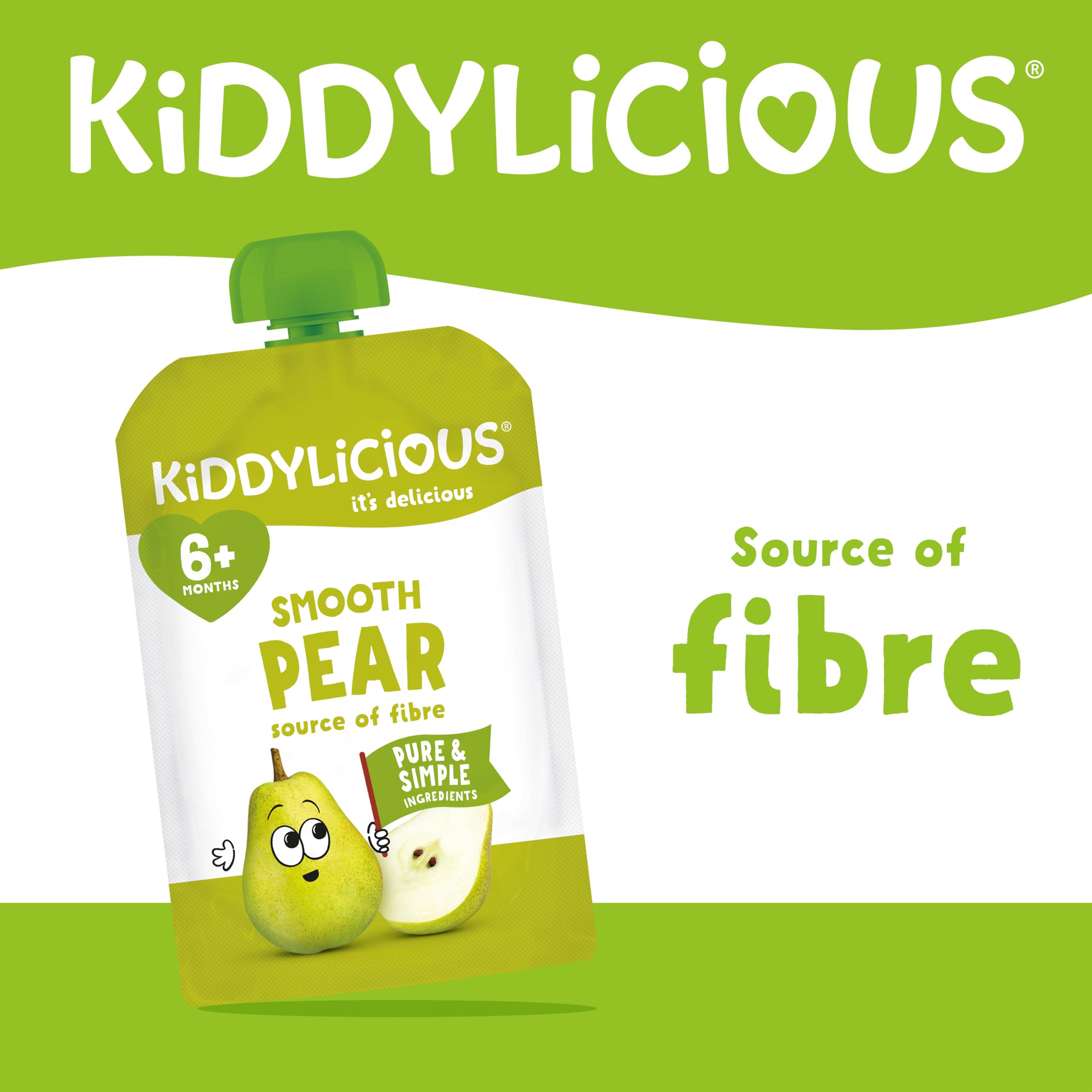 Kiddylicious Smooth Pear Fruit Pouches - 6 Pack | Suitable for 6+ Months | 100g Each