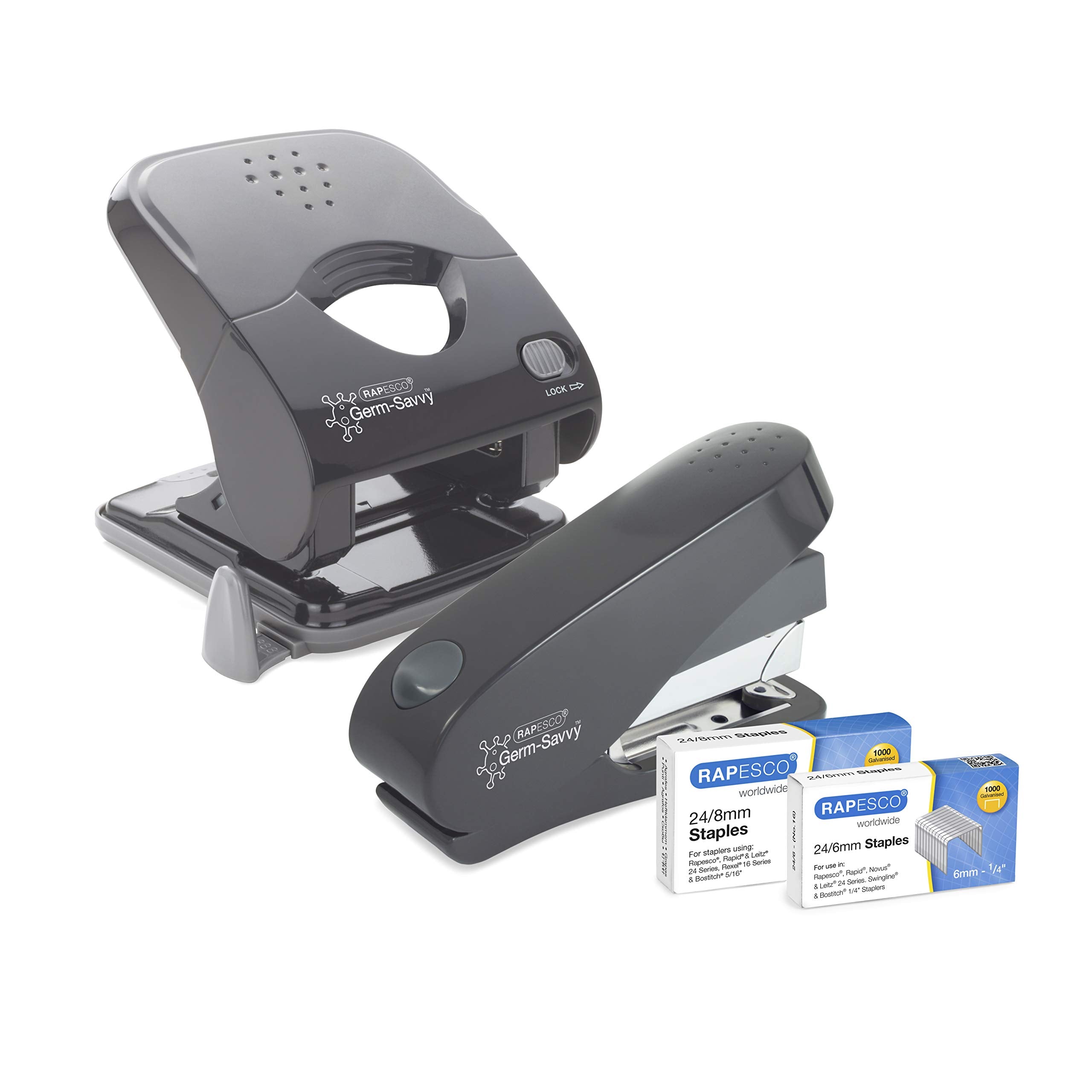 RAPESCO 1633 Germ-Savvy Antibacterial ECO Luna Less Effort Stapler & ECO X Hole Punch Set 1