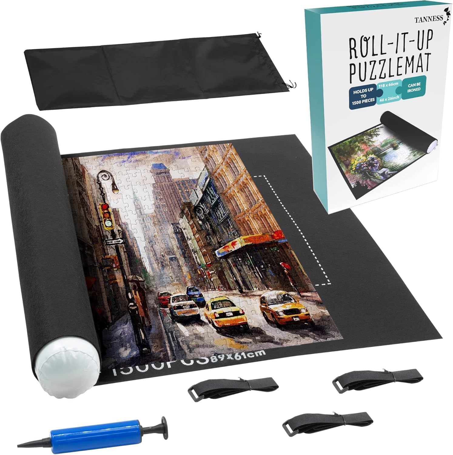 TANNESS Jigsaw Puzzle Mat - Roll-Up Storage for Up to 1500 Pieces | Black Felt, 118cm x 118cm