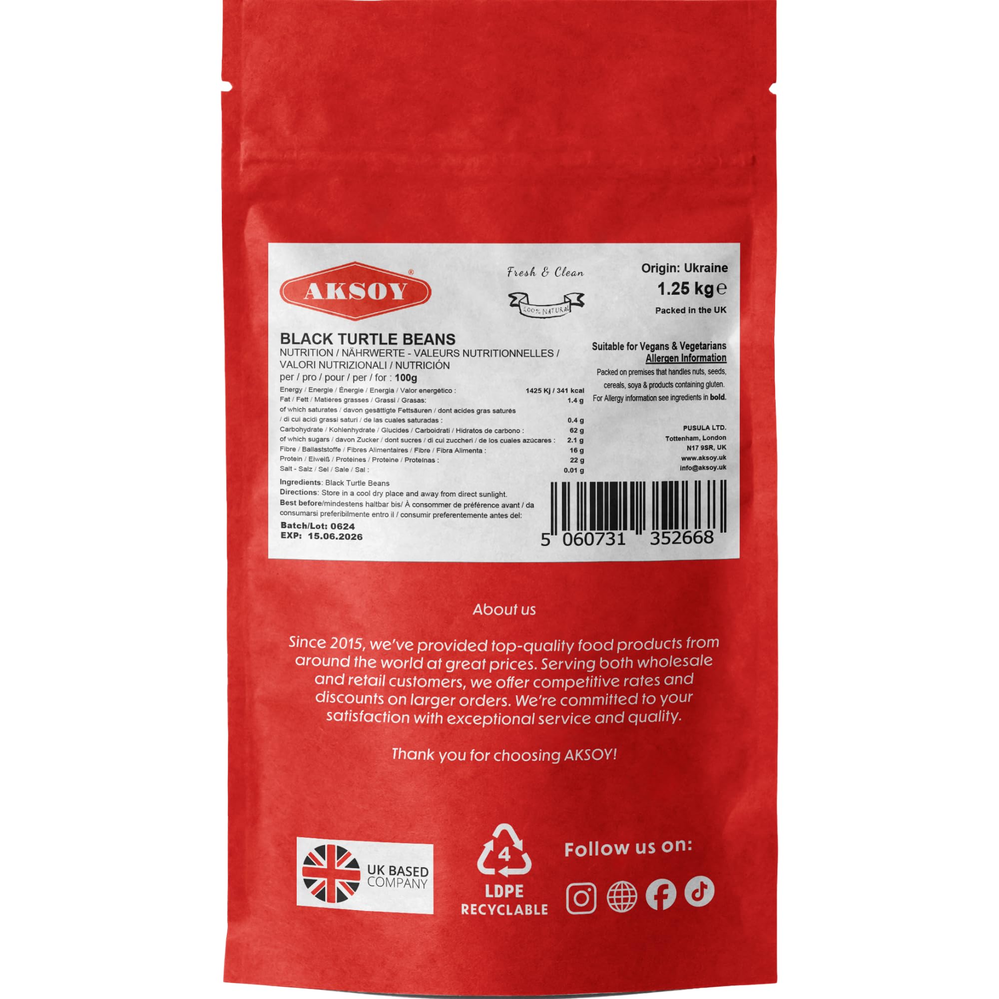 AKSOY Black Turtle Beans - Premium Quality Natural Dried Beans | 1250g