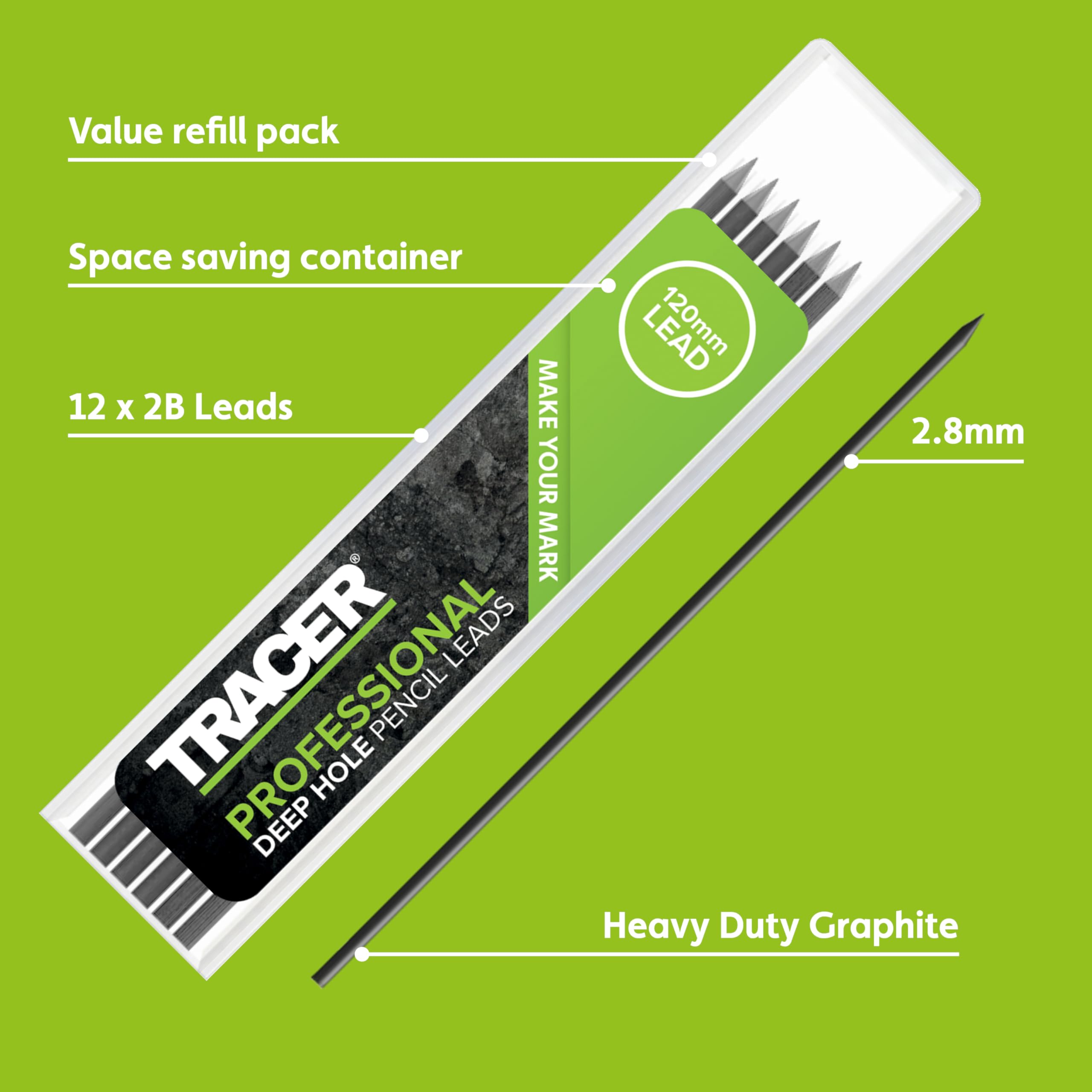 Tracer 2.8mm Graphite Mechanical Pencil Leads - 12 Pack, 2B Hardness | Water Resistant 2