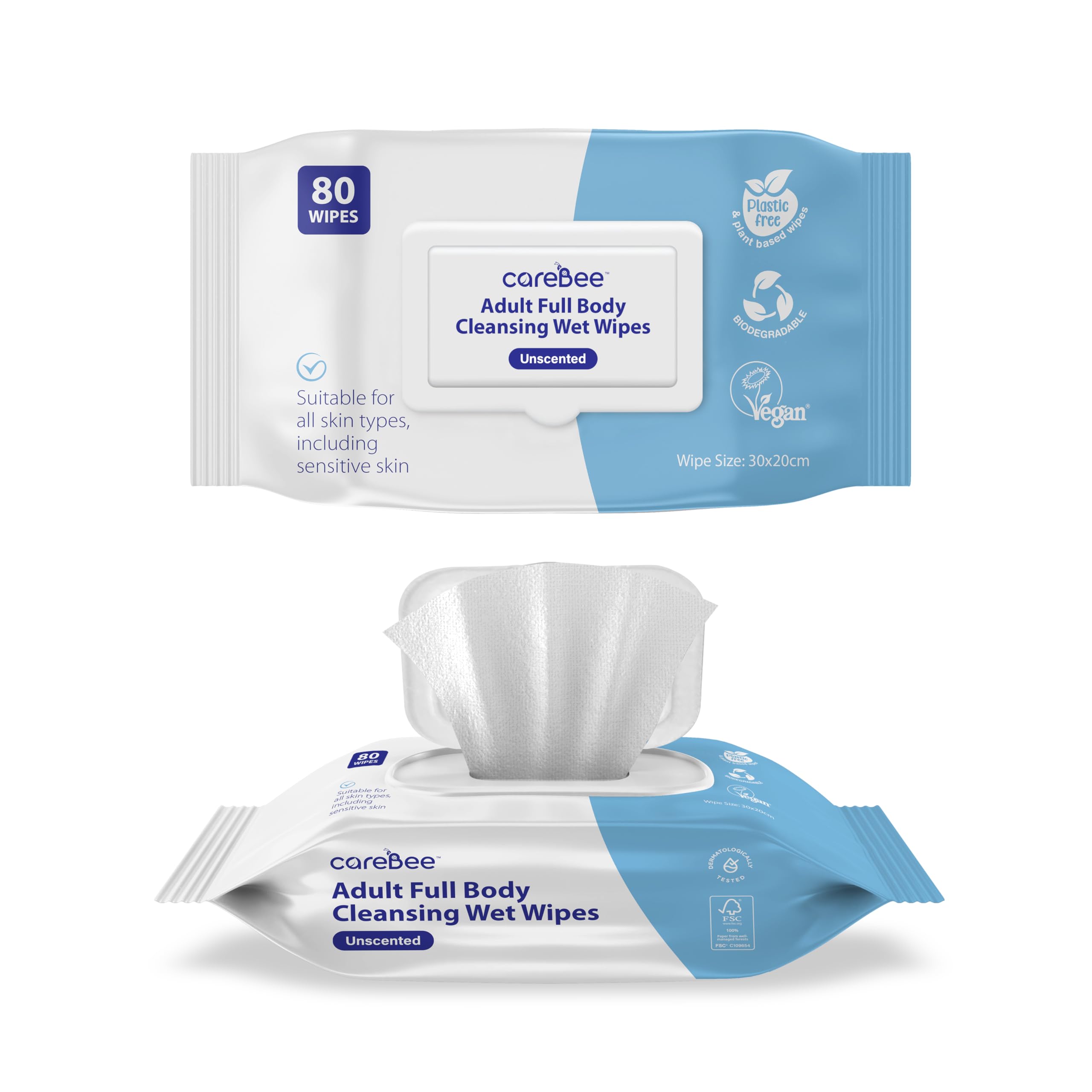 CareBee Premium Full Body Cleansing Wet Wipes for Adults - Fragrance-Free, Anti-Bacterial | Vegan, Hypoallergenic