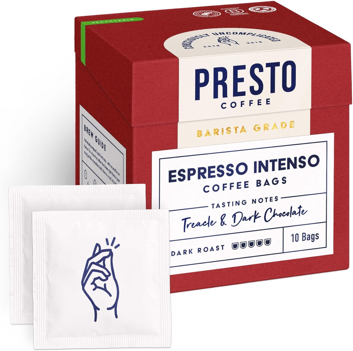 Presto Coffee Espresso Intenso Ground Coffee Bags - Dark Roast, 10 Count, 80g