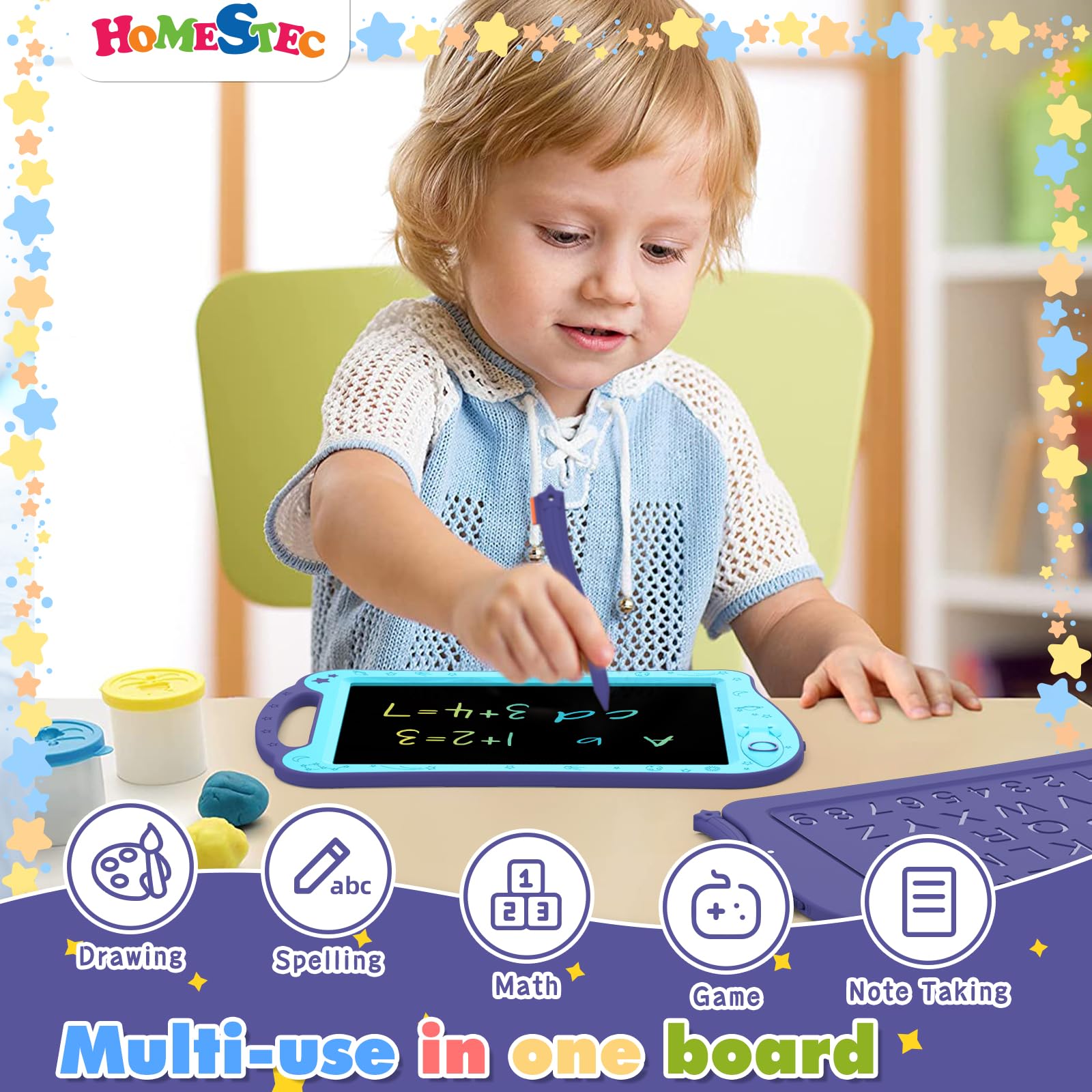 HOMESTEC AstroDraw Space Drawing Pad for Kids - LCD Writing Tablet with Handle, Educational Toddler Toy for Ages 18 Months and Up (Aqua/Purple) 3