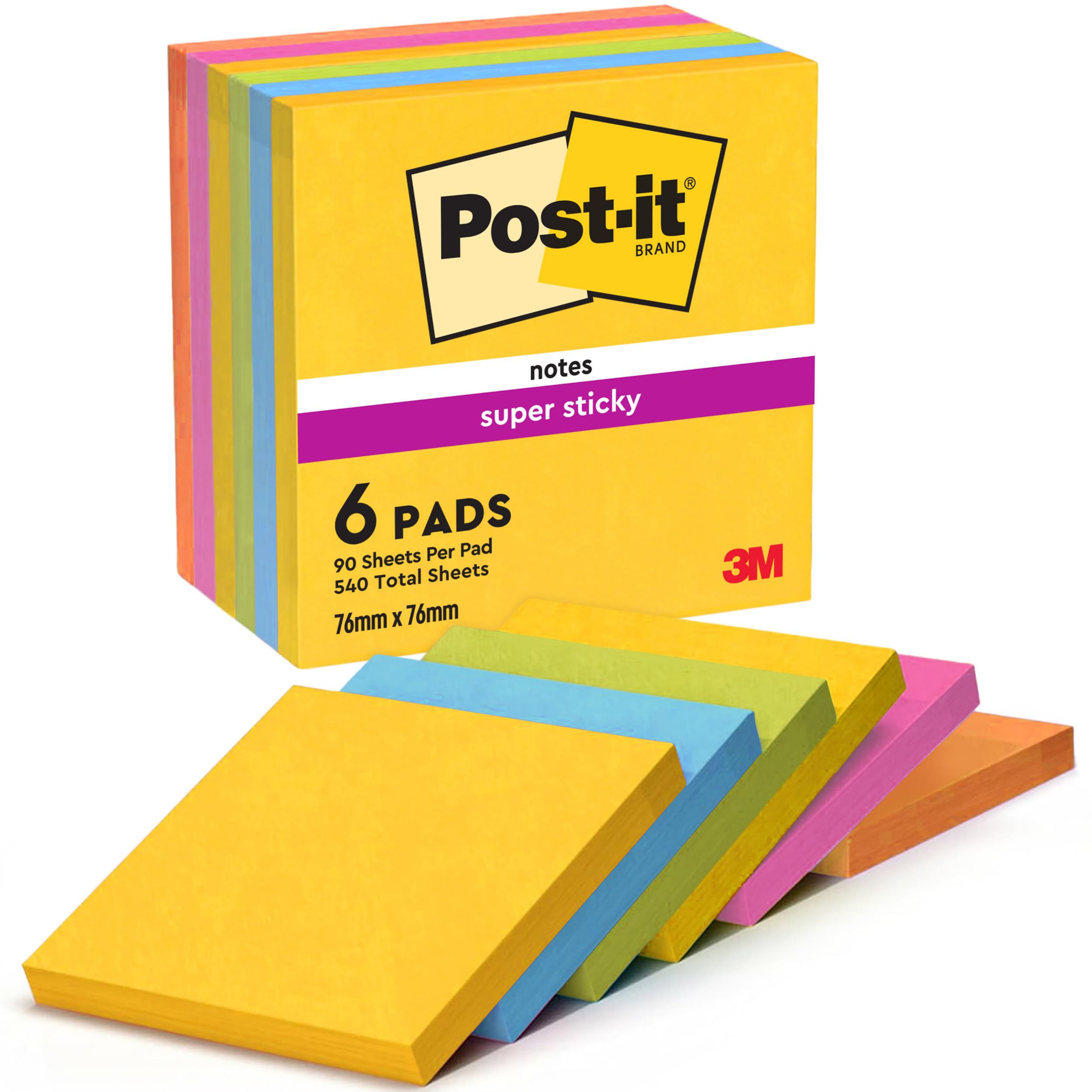 Post-it Super Sticky Notes - Carnival Colour Collection | 76 mm x 76 mm | 6 Pads of 90 Sheets