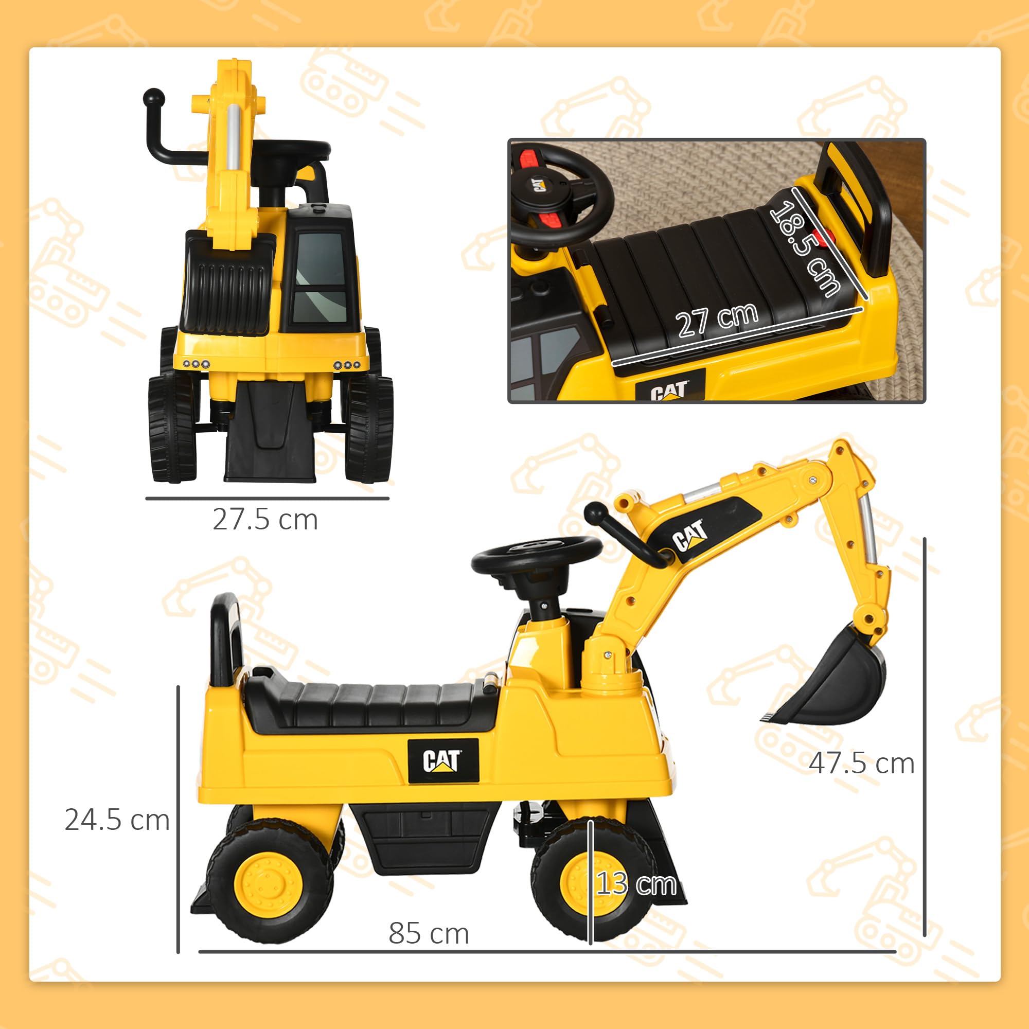HOMCOM CAT Licensed Kids Ride-On Digger Toy | Foot-Powered | Ages 1-3 Years | Max Load 25kg 7