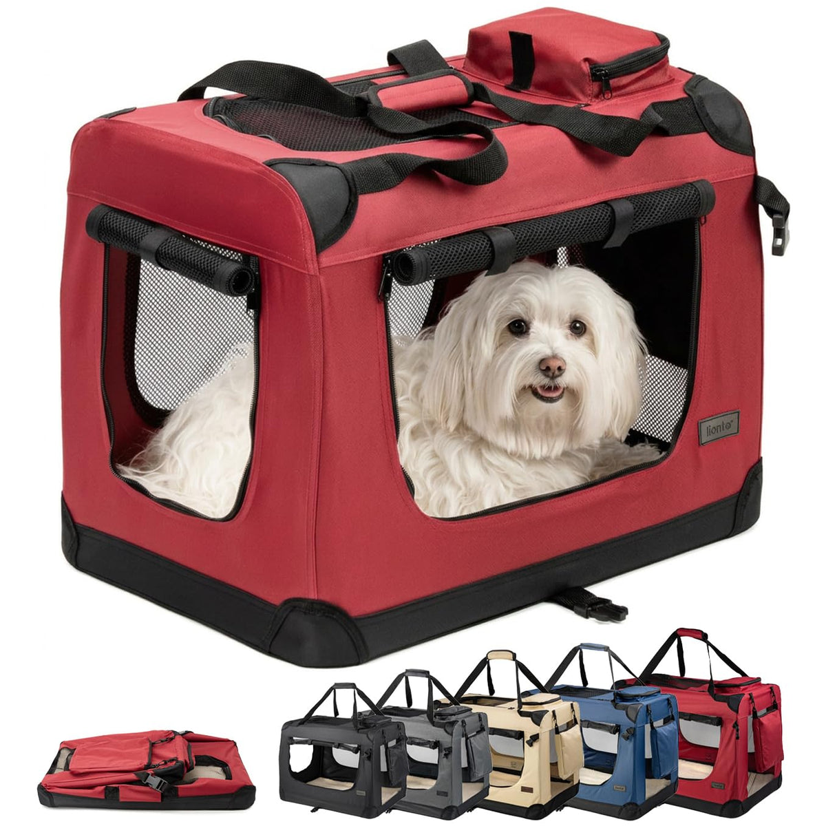 lionto Foldable Dog Transport Box for Travel & Car - 60 x 42 x 44 cm, Red