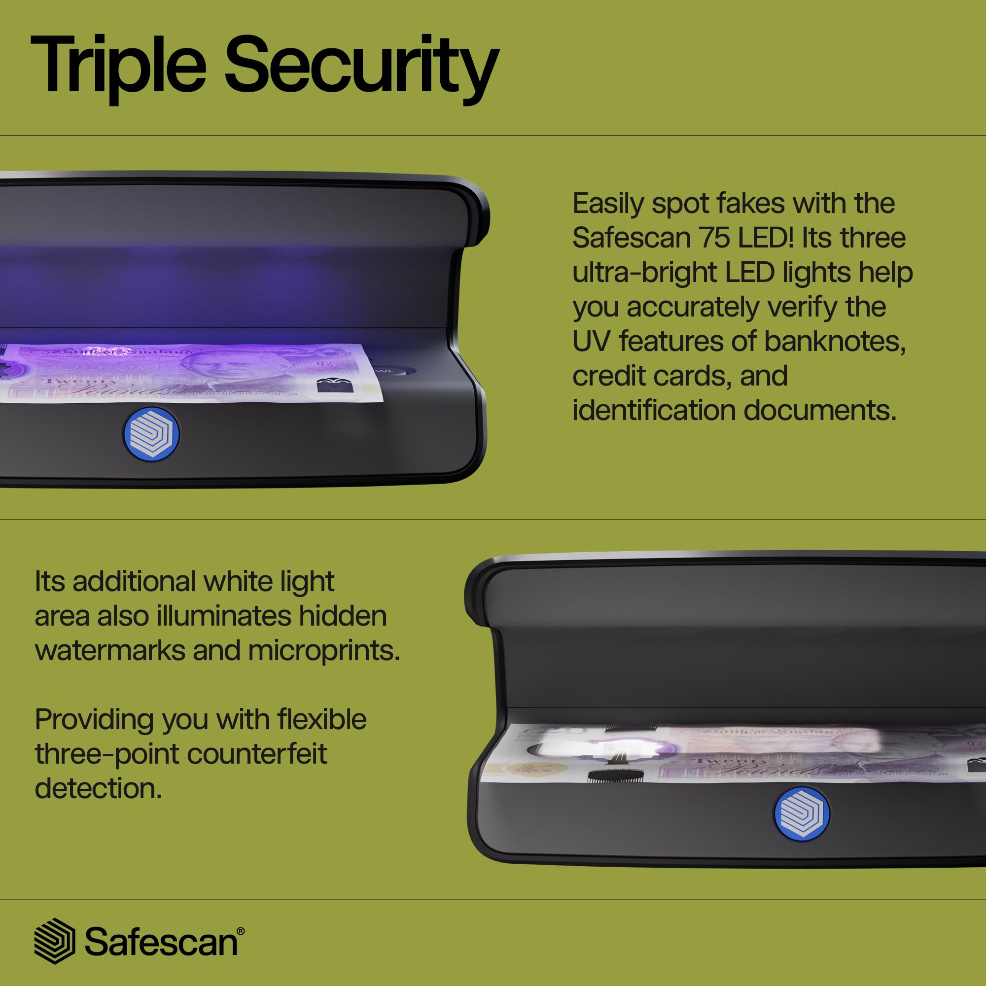 Safescan 75 LED Money Detector with Ultra Strong UV & White Light for Global Currency Verification