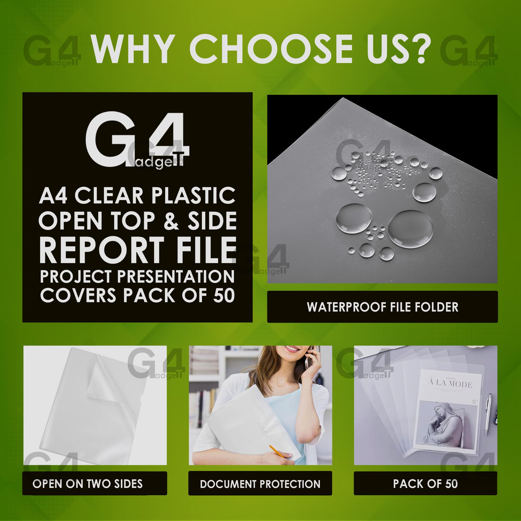 G4GADGET Heavy Duty A4 Plastic File Folders - Open Top & Side | Pack of 50 | White PP 2