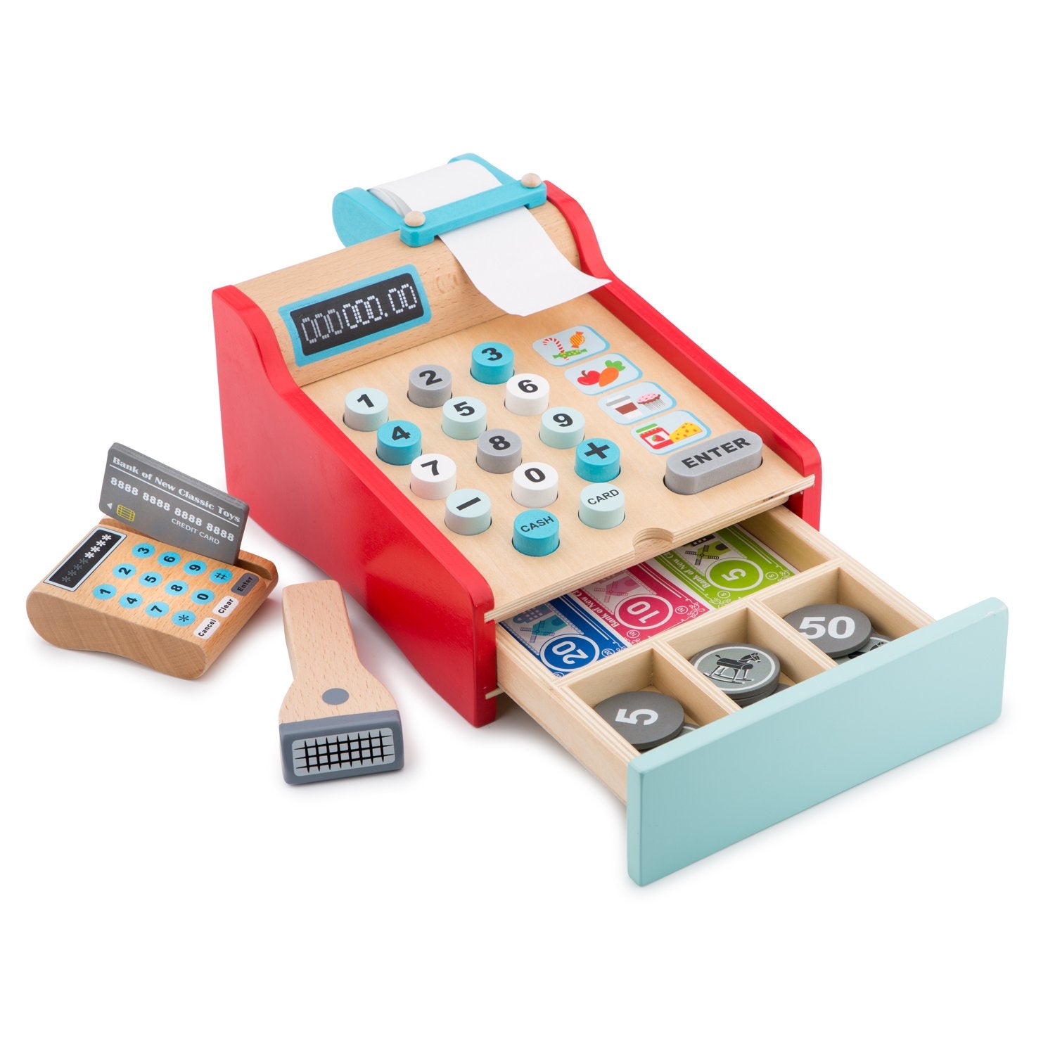 New Classic Toys Bon Appetit Wooden Cash Register Set Pretend Play Toy for Kids 3 Years and Up 8