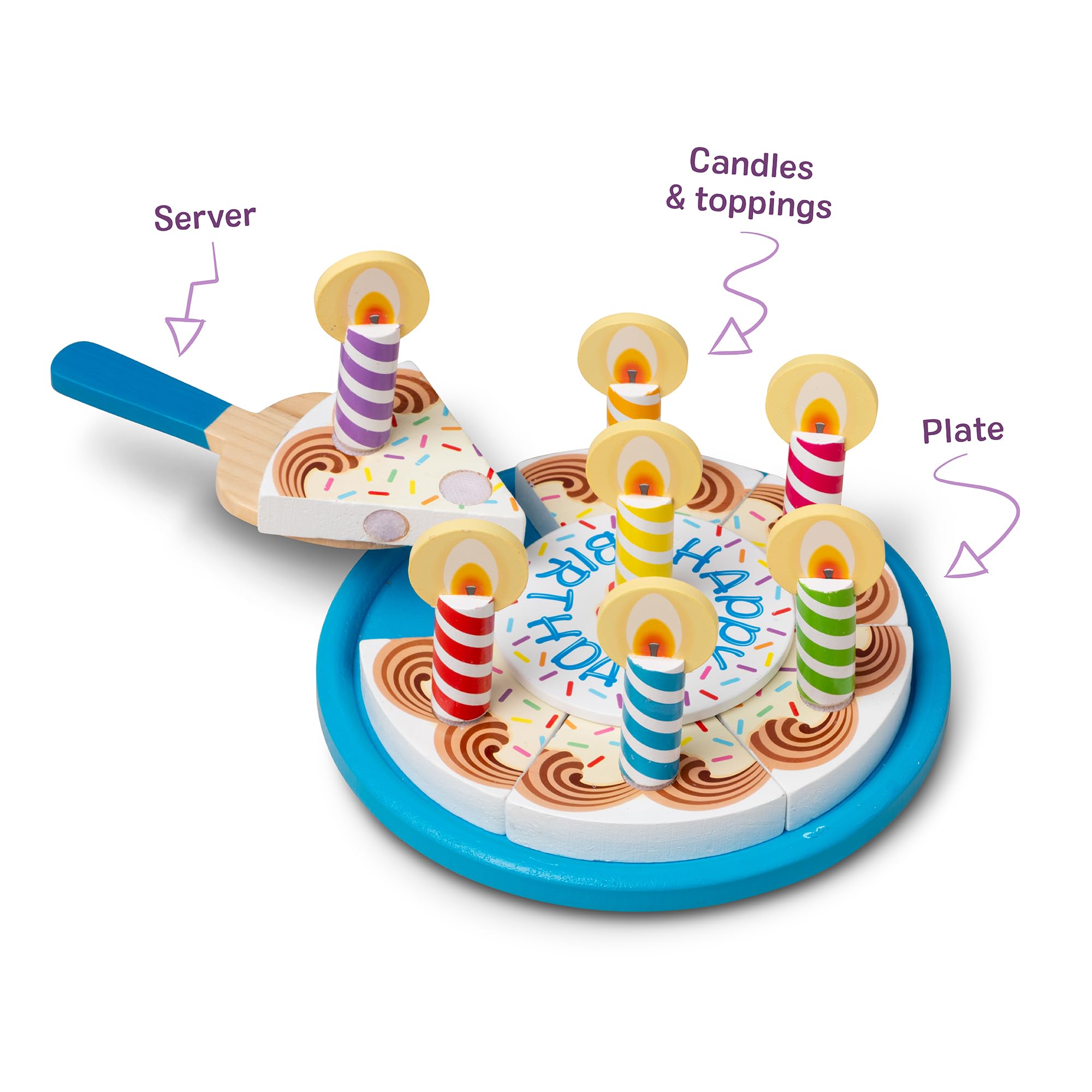 Melissa & Doug Wooden Birthday Cake Play Food Toy for Kids Ages 3+ | Includes 6 Slices & Toppings 6