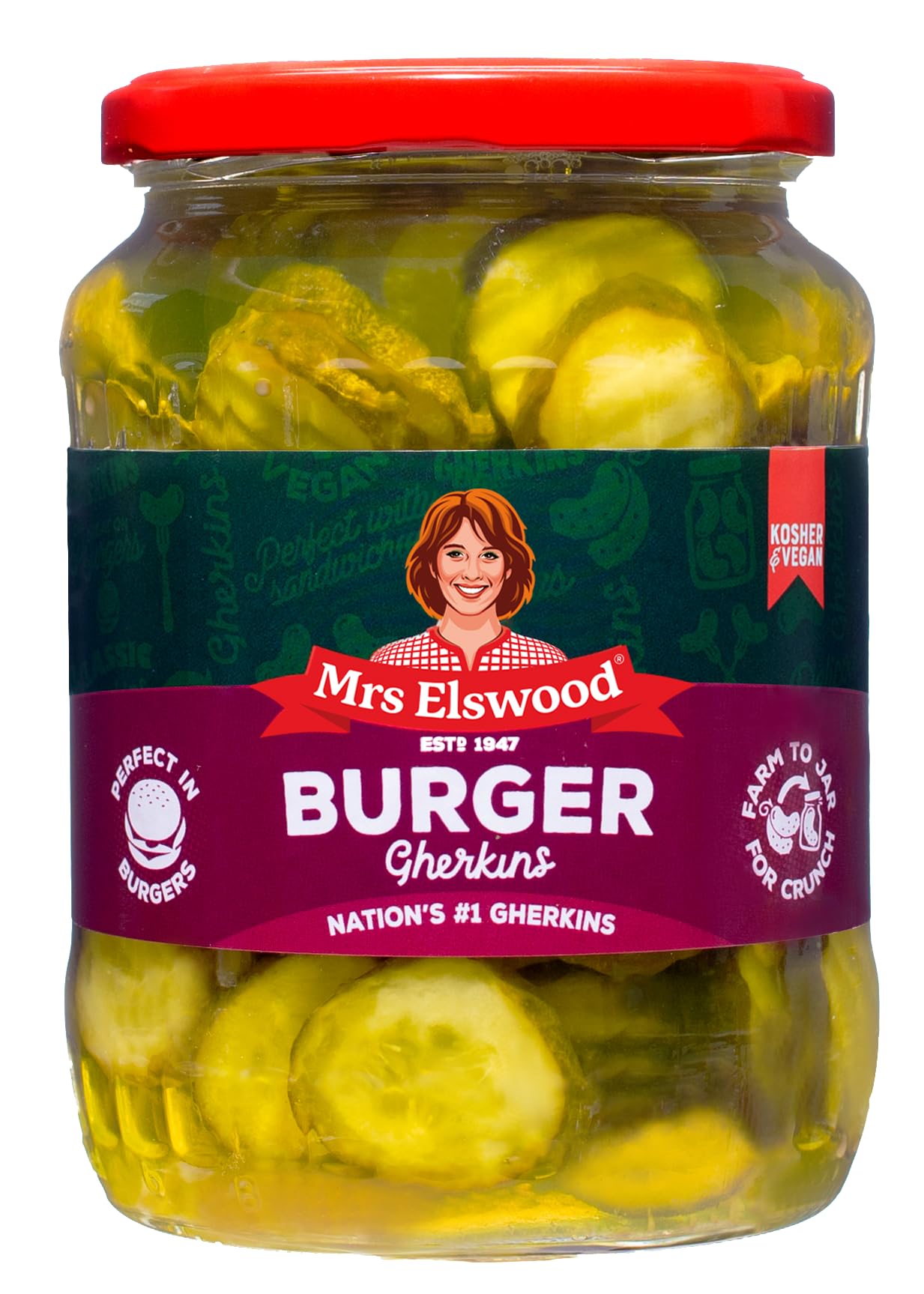 Mrs Elswood Burger Gherkins - Pickled Cucumbers in Sweet & Tangy Brine, 670g Jar 1