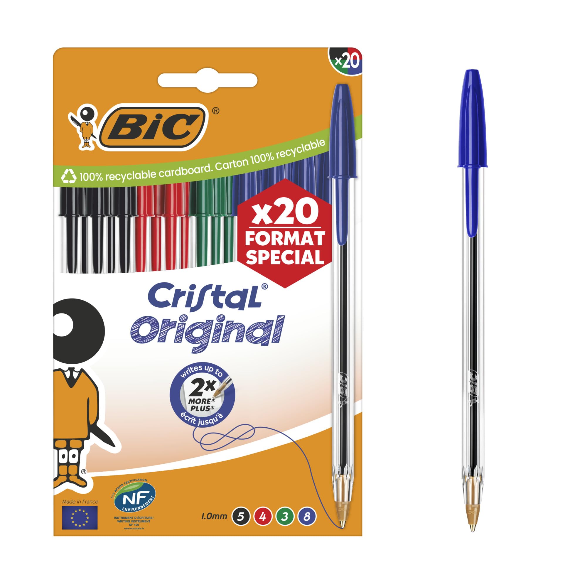BIC Cristal Original Ballpoint Pens - Medium 1.0mm Point | Assorted Ink Colours | Pack of 20 1