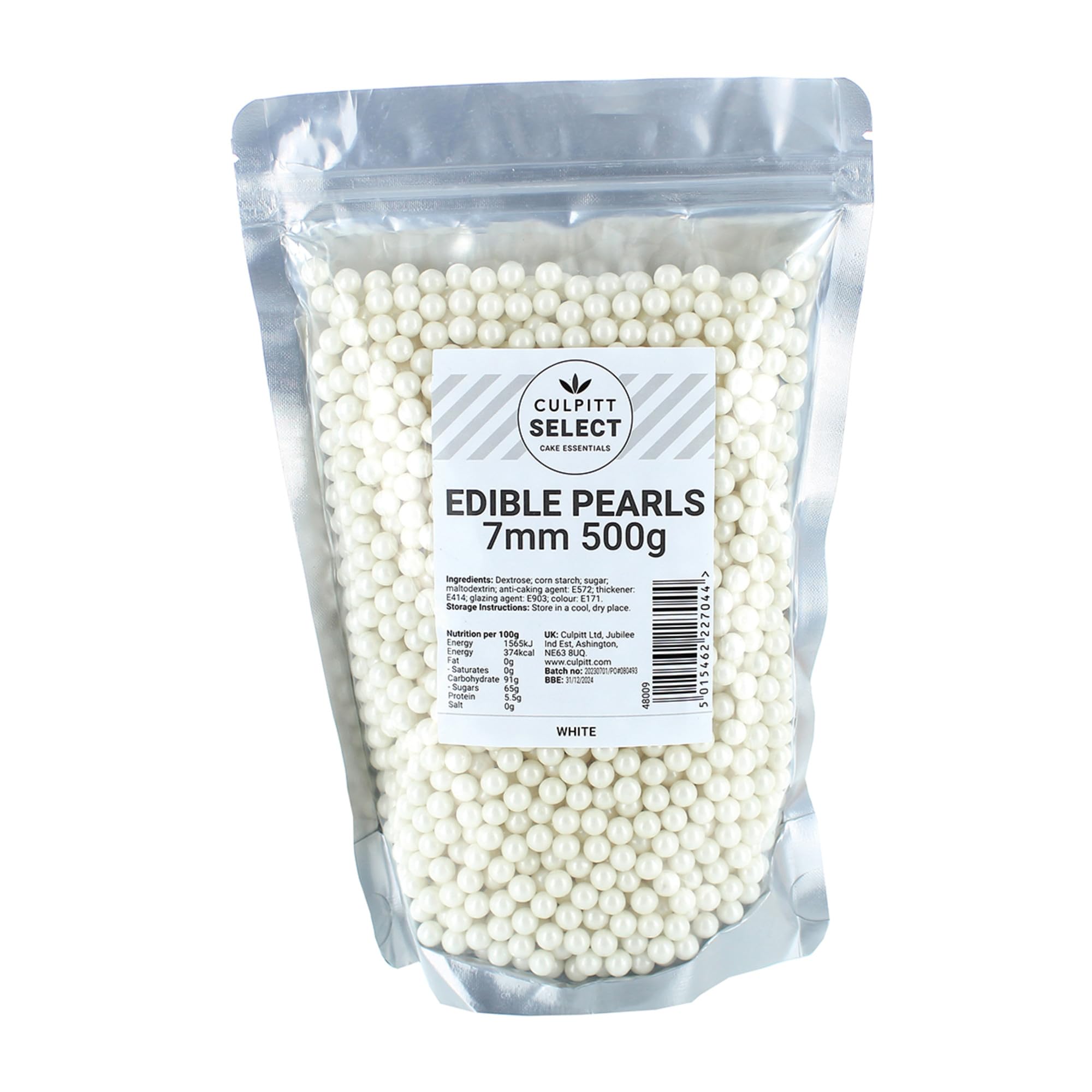 Culpitt Select Edible Pearls - White 7mm Beads for Cake Decorating | 500g Pouch