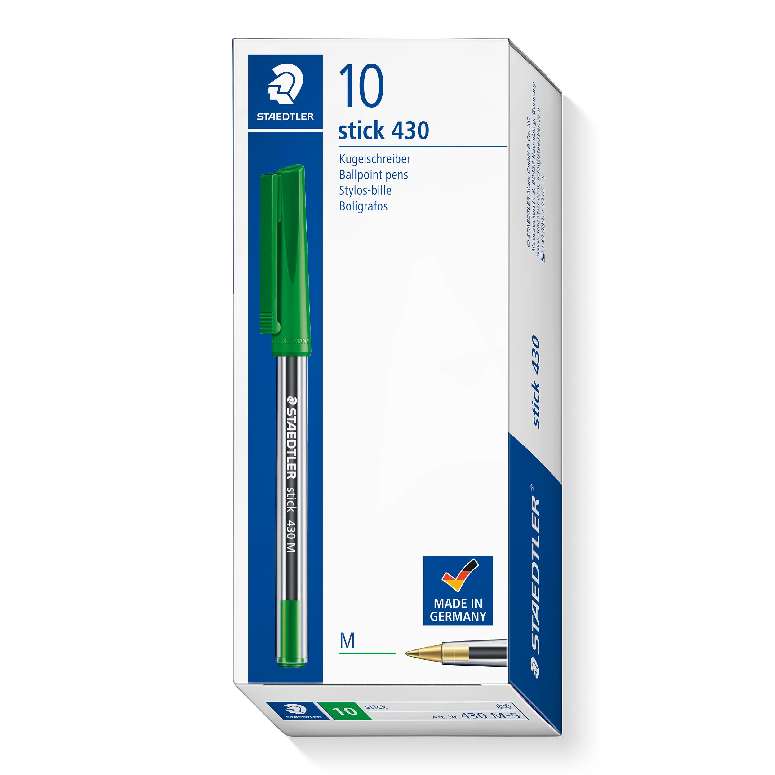 STAEDTLER Stick 430 Ballpoint Pen - Medium Point, Green Ink | Box of 10 | Airplane Safe